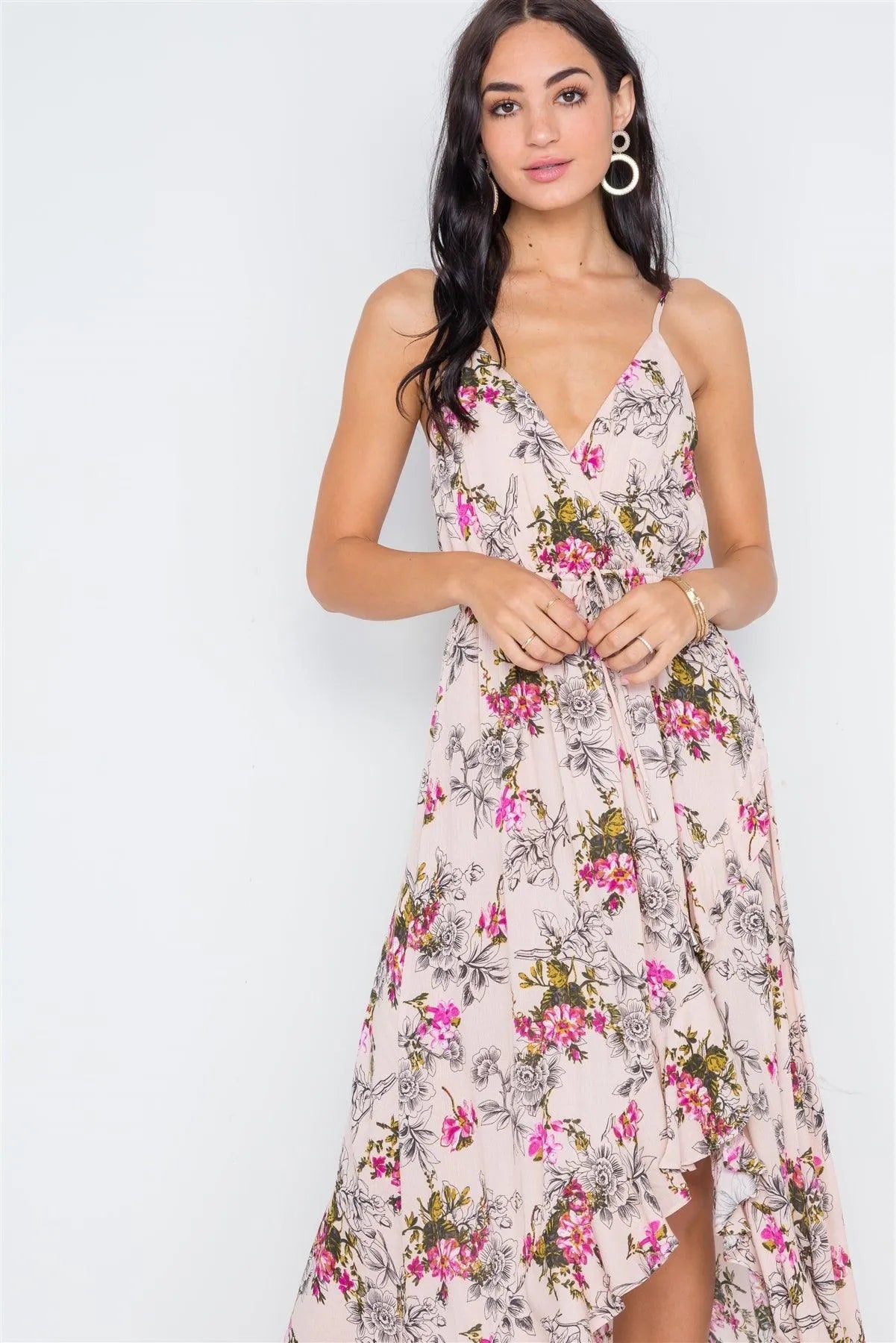 Nude Floral Print High-Low Maxi Dress /1-3-2-1 - Tasha Apparel Wholesale
