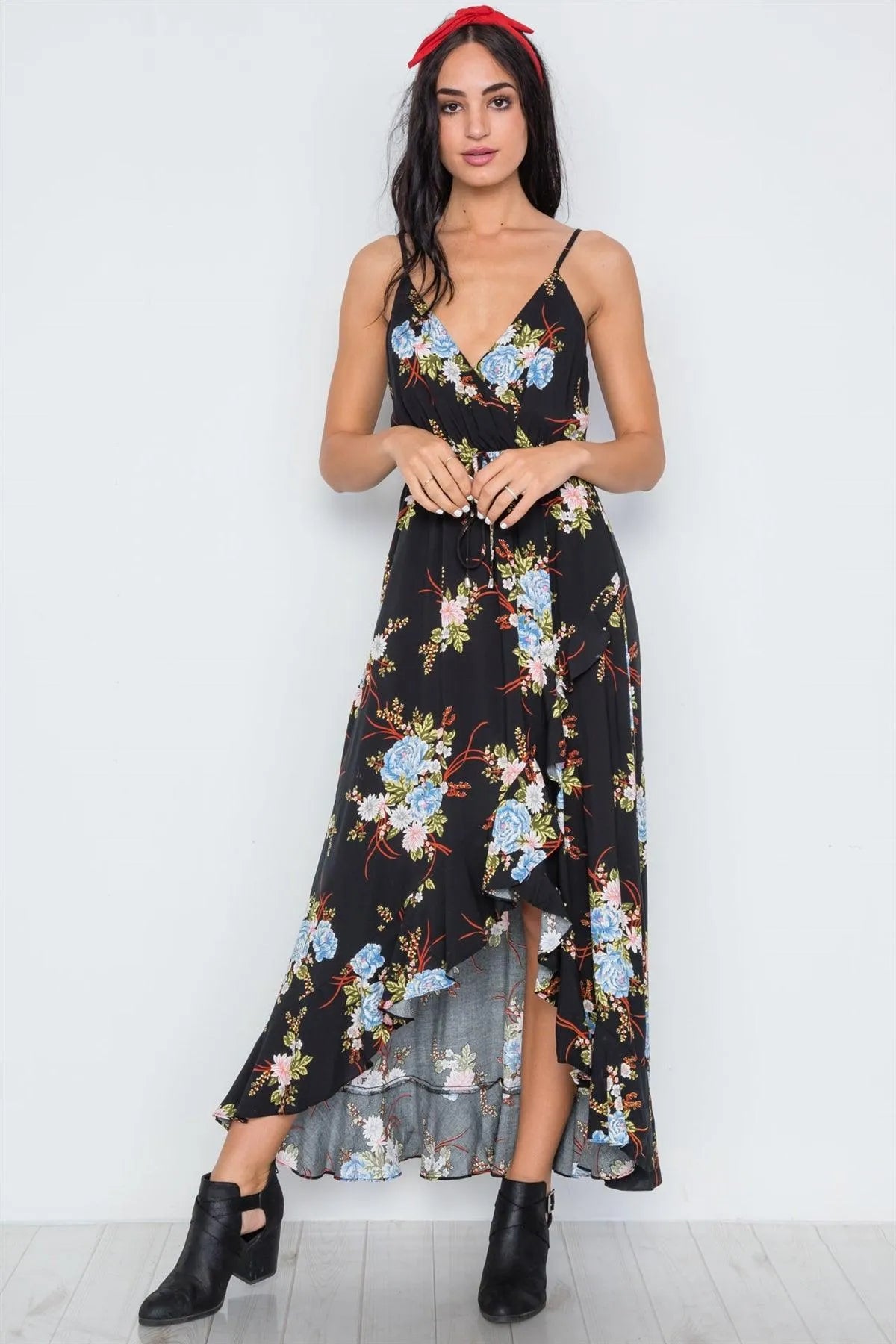 Black Floral Print High-Low Maxi Dress /1-2-2-1 - Tasha Apparel Wholesale