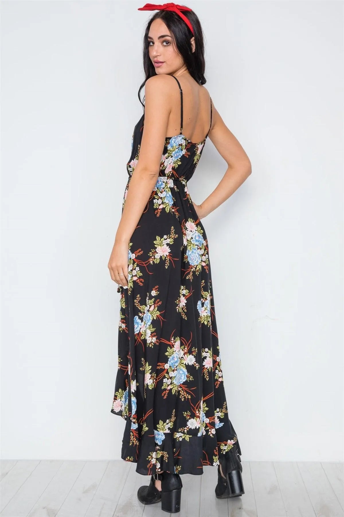Black Floral Print High-Low Maxi Dress /1-3-2-1 - Tasha Apparel Wholesale