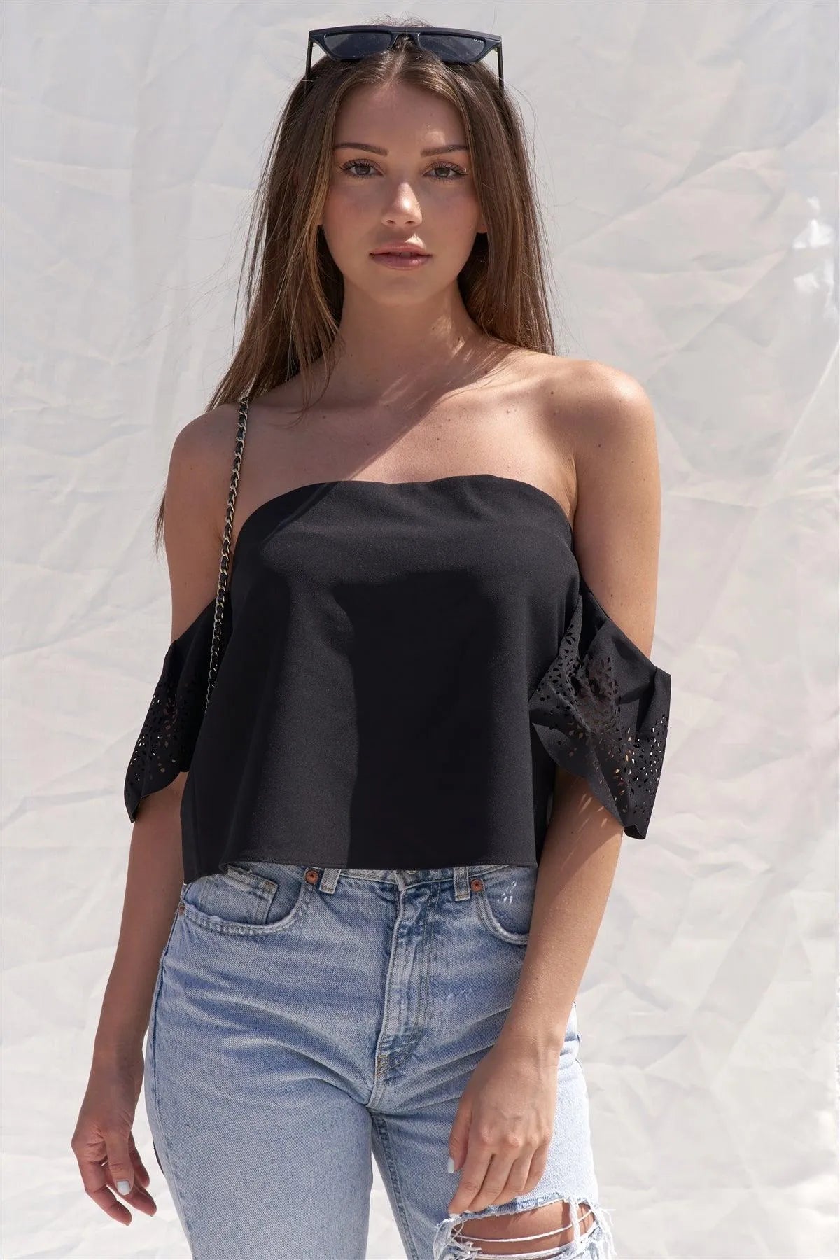 Black Off The Shoulder Confetti Cutout Sleeve Top /1-2-2-1 - Tasha Apparel Wholesale