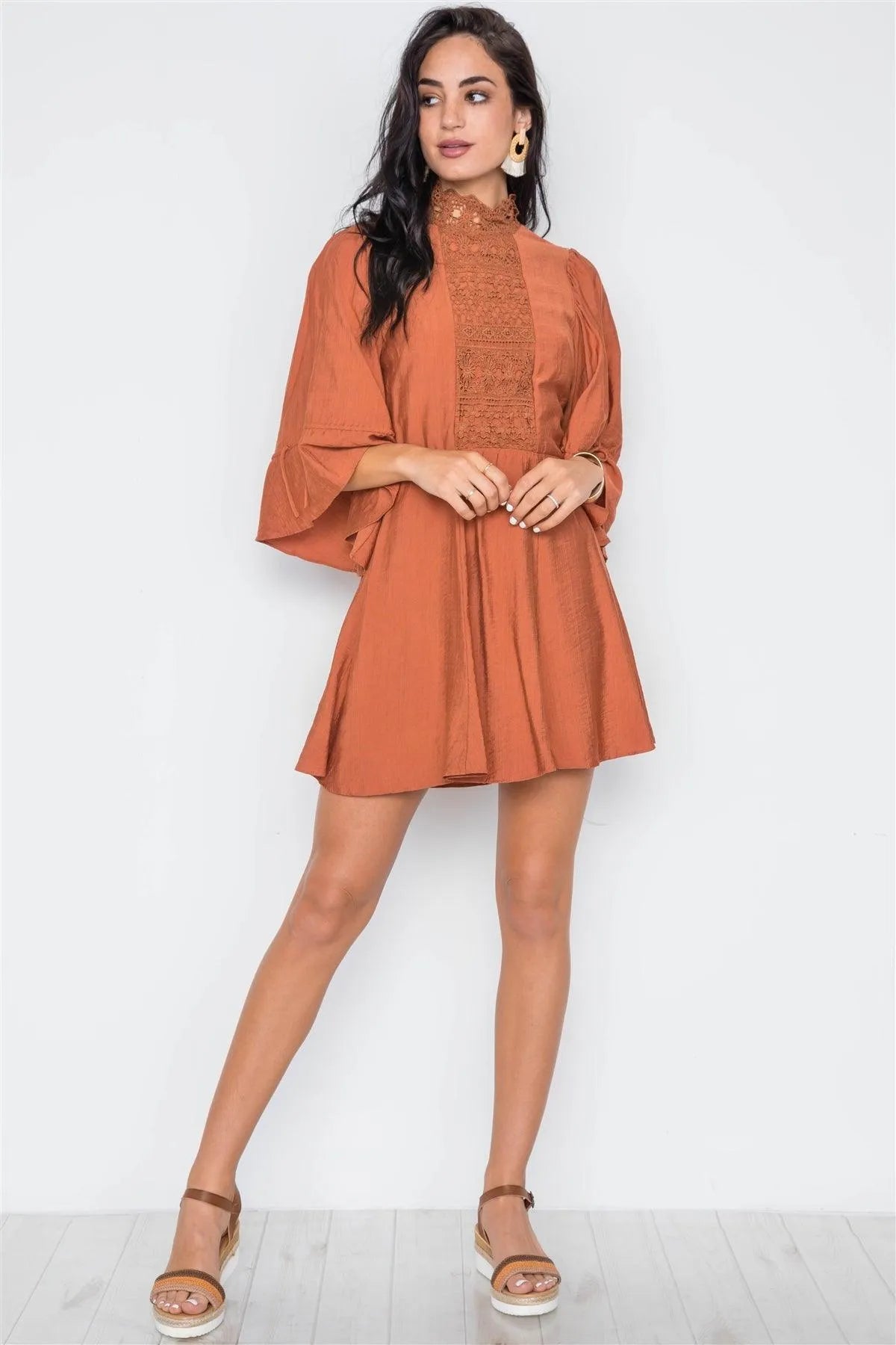 Rust Bell Sleeve Crochet Mock-Neck Mini Dress /3-2-1 - Tasha Apparel Wholesale