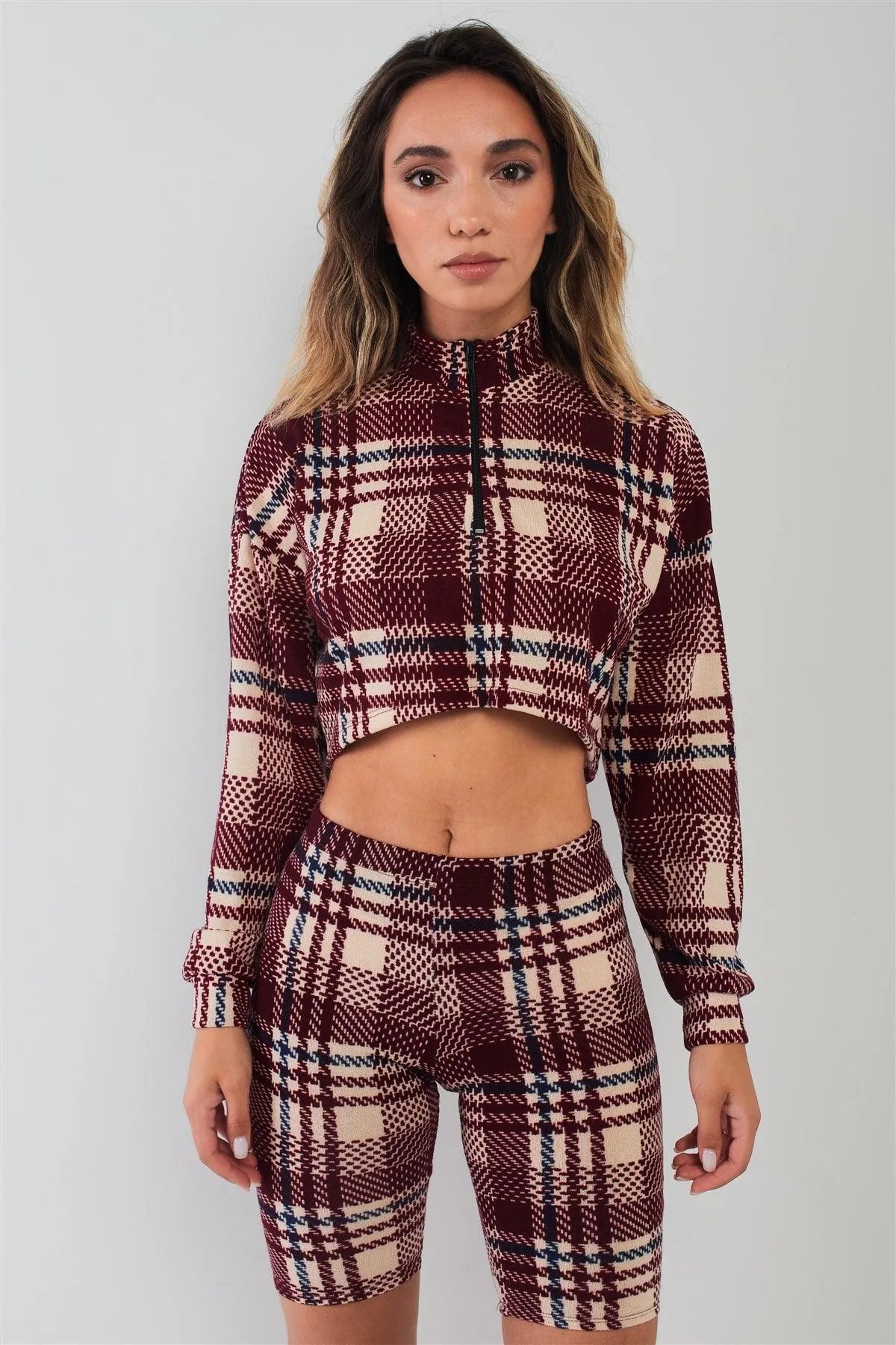 Burgundy Multi Plaid Print Long Sleeve High Zip Neck Cropped Top & High-Waisted Bicker Shorts Two Piece Set /2-2-2 - Tasha Apparel Wholesale