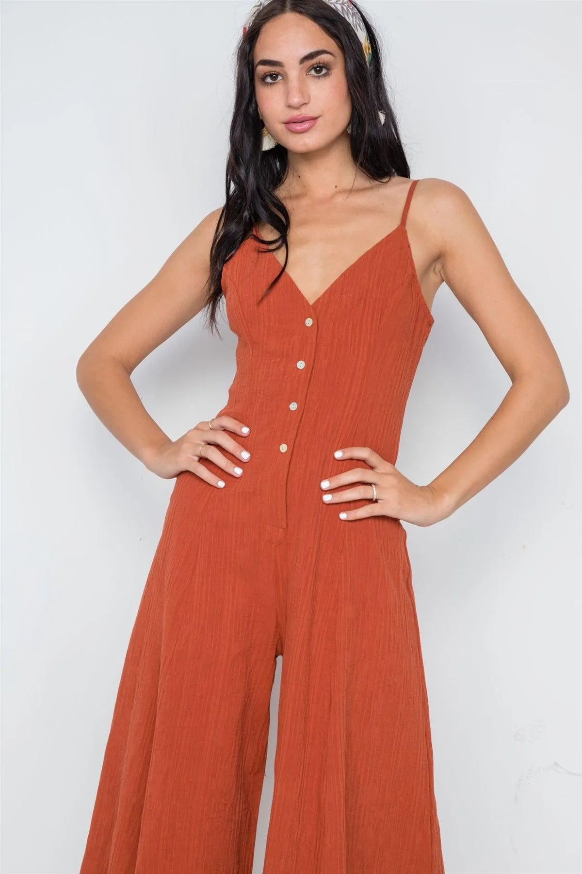 Coral Ribbed Cami Straps Wide Leg Boho Jumpsuit /1-2-1 - Tasha Apparel Wholesale