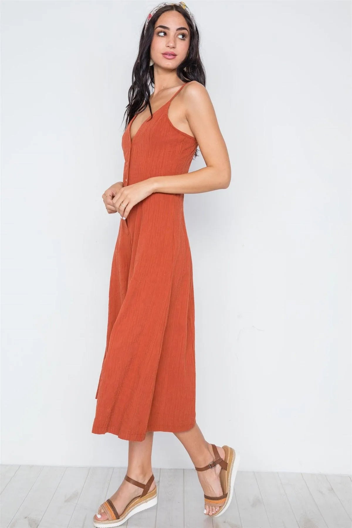 Coral Ribbed Cami Straps Wide Leg Boho Jumpsuit /3-2-1 - Tasha Apparel Wholesale