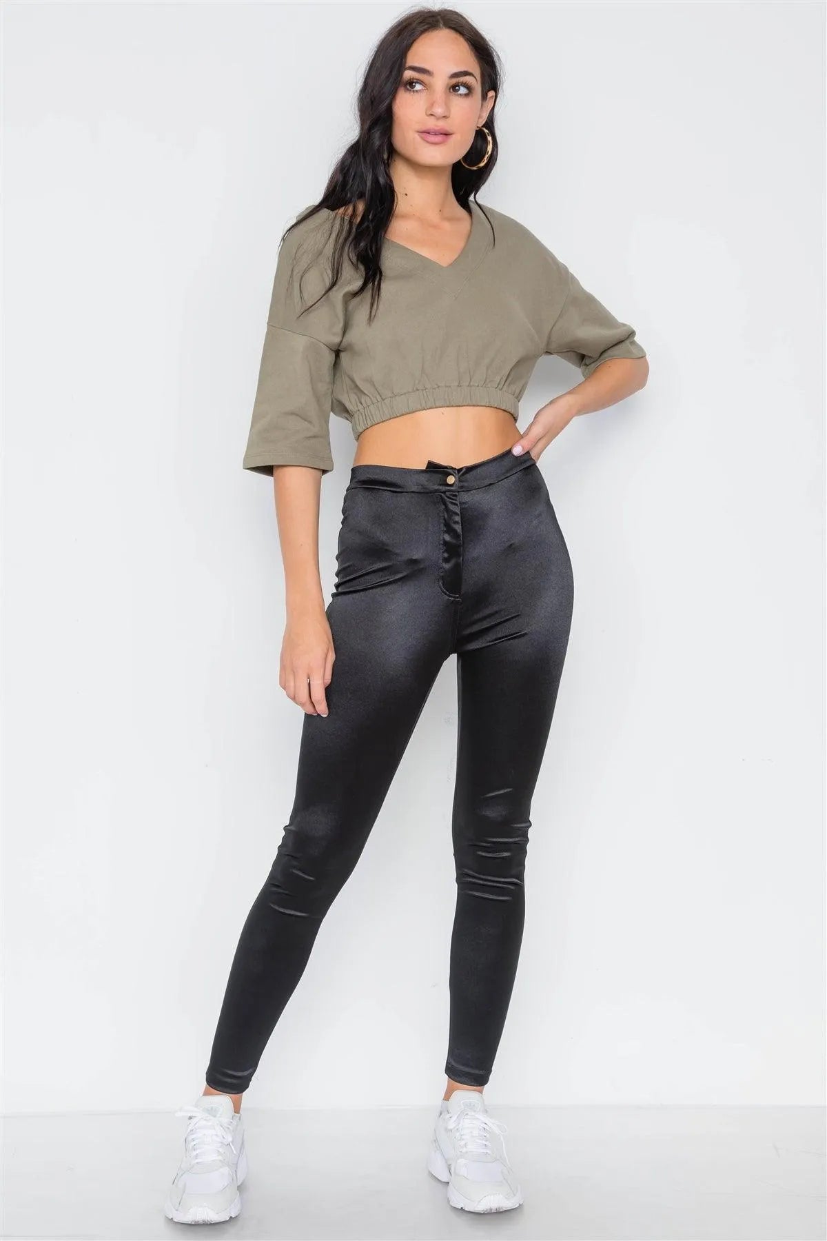 Olive 3/4 Sleeve V-Neck Knit Crop Top /3-2-1 - Tasha Apparel Wholesale