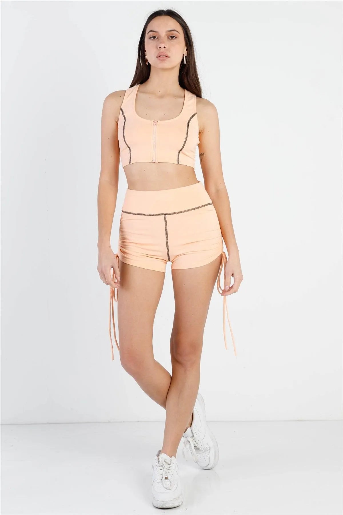 Orange Contrast Stitch Zip-Up Racer Back Crop Top & Ruched Details Short Set /3-2-1 - Tasha Apparel Wholesale