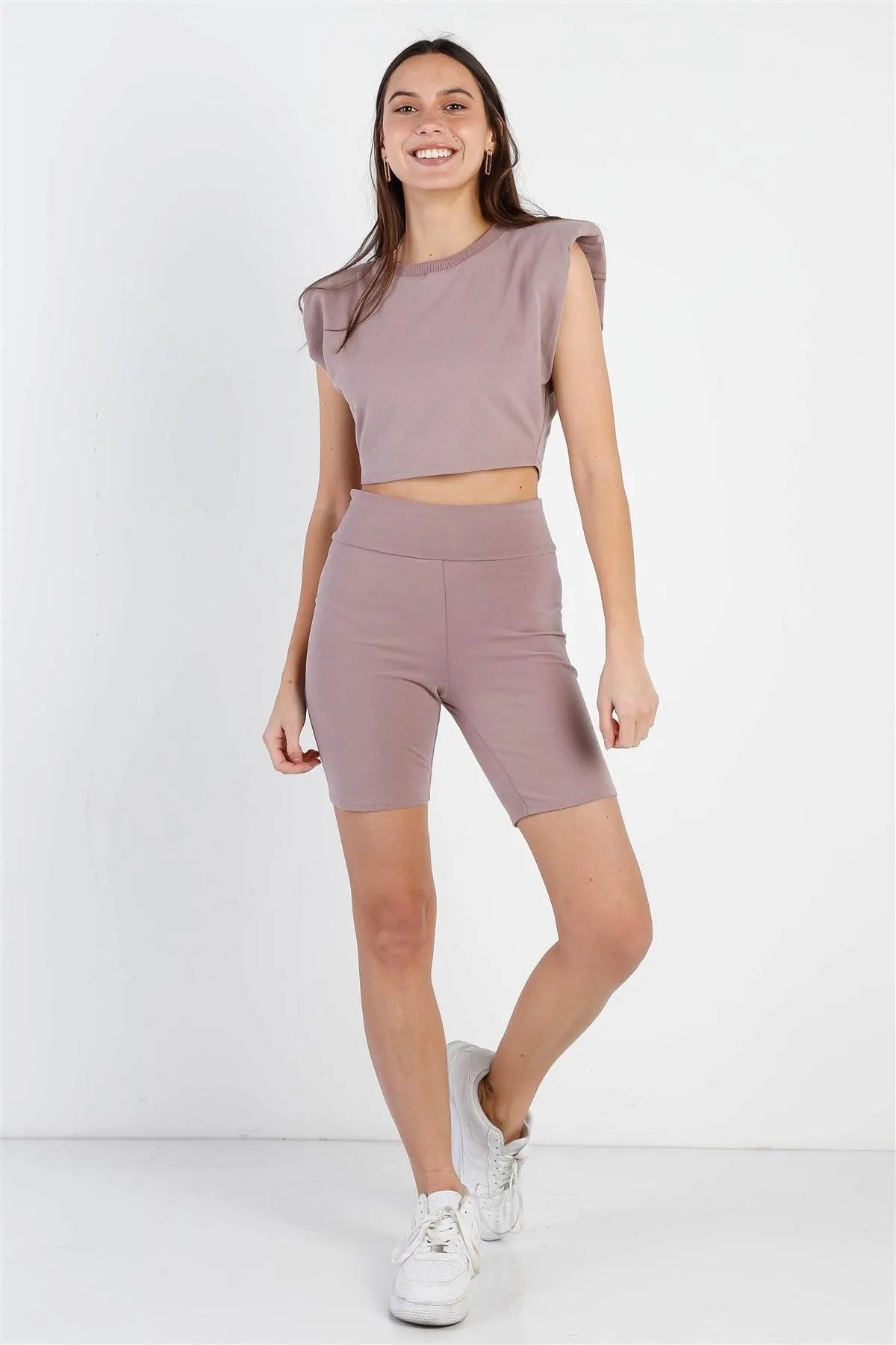 Dark Mauve Padded Shoulder Crop Top & Biker Short Set /2-2-2 - Tasha Apparel Wholesale