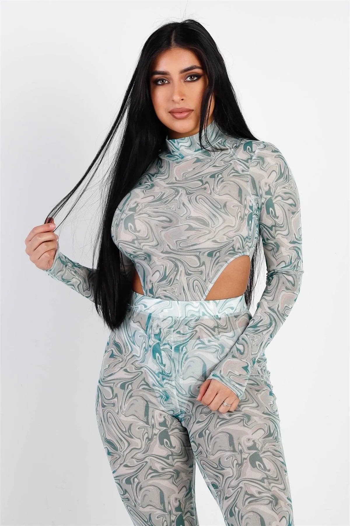 Swirl Mesh Mock Neck Bodysuit & Flare Pant Set /1-2 - Tasha Apparel Wholesale