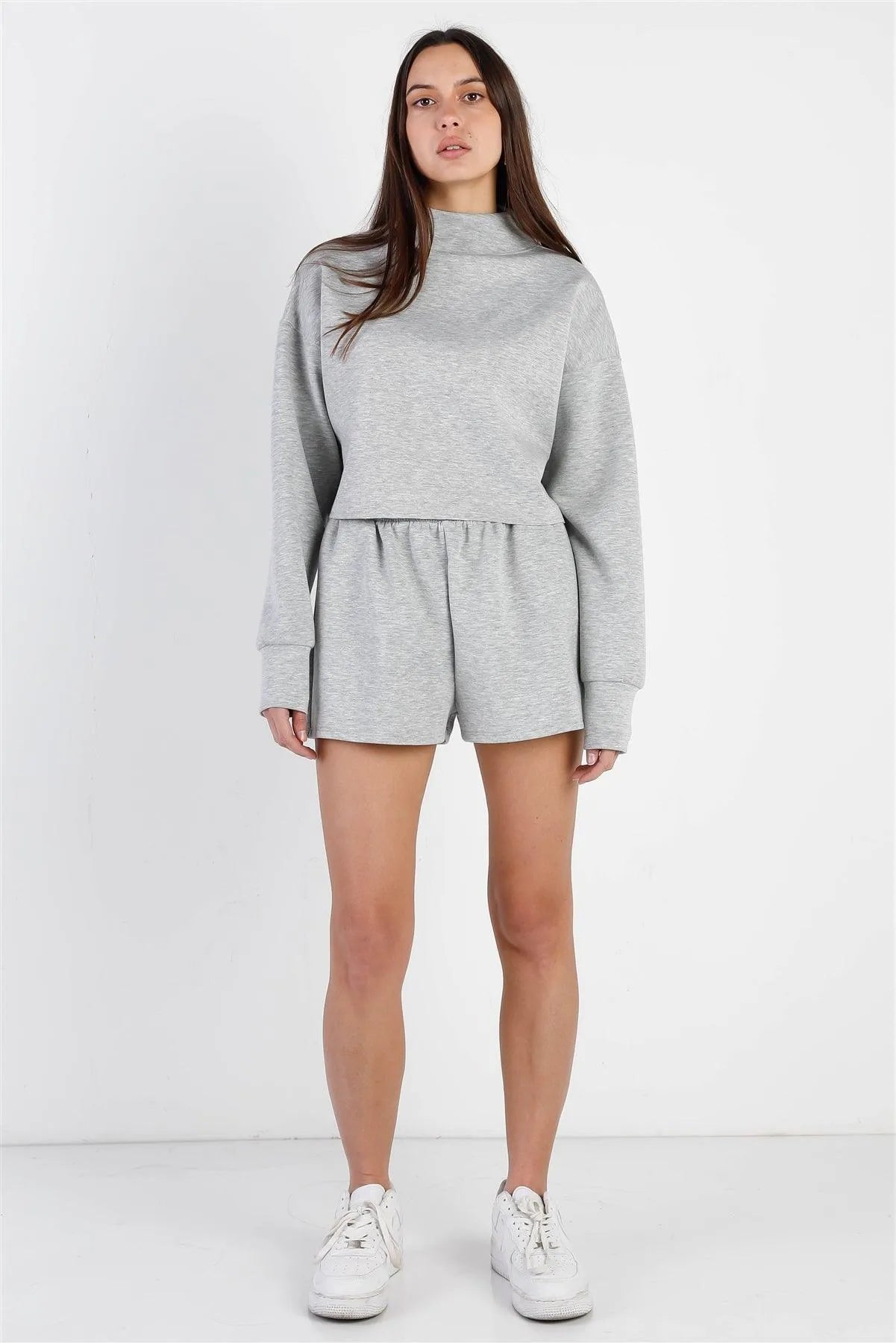 Heather Grey Mock Neck Crop Sweatshirt & High Waist Short Set /2-2-2 - Tasha Apparel Wholesale