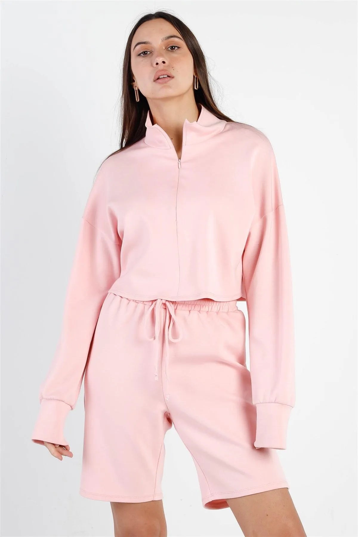 Peach Zip-Up Mock Neck Crop Sweatshirt & Boyfriend Short Set /1-2-2 - Tasha Apparel Wholesale