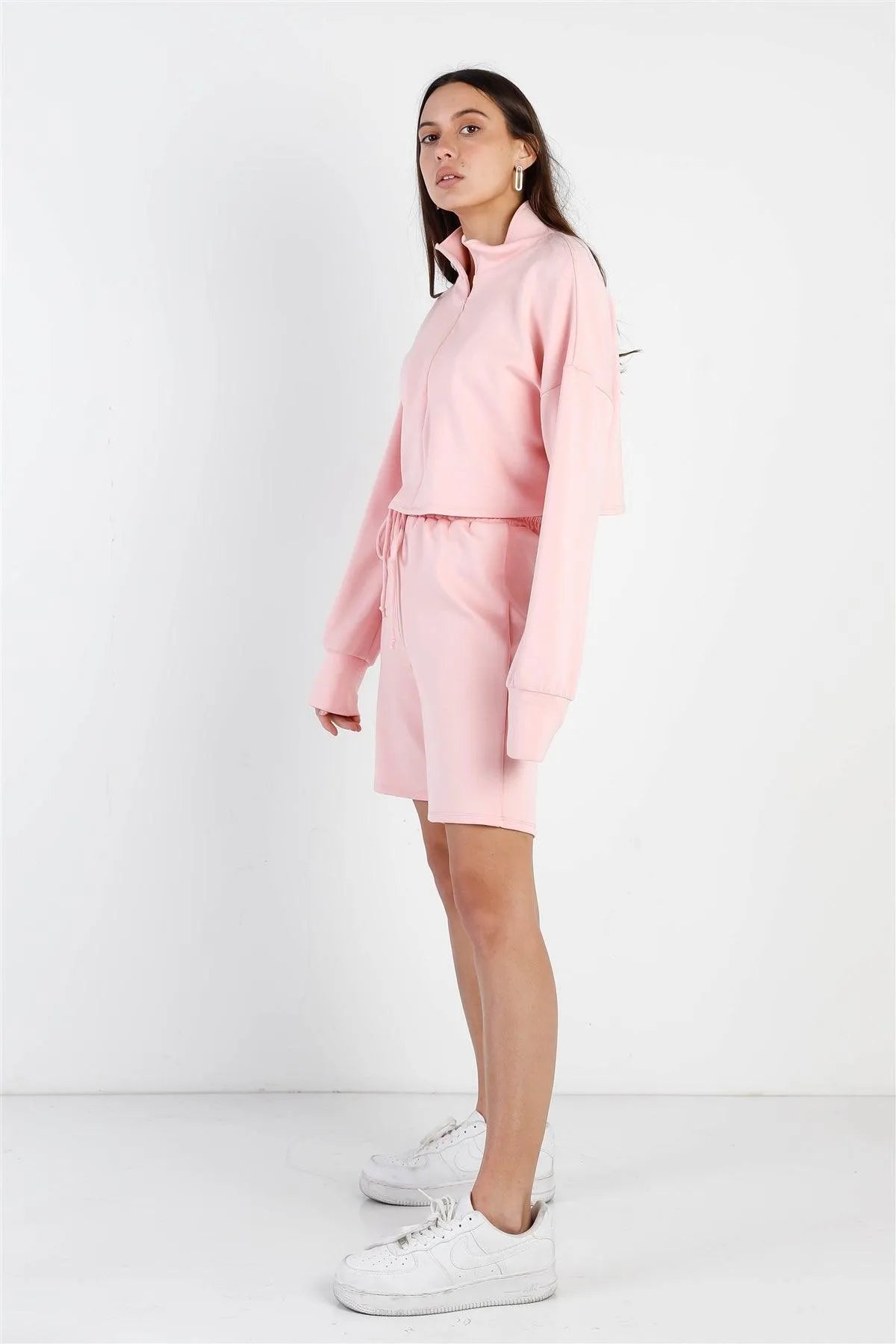 Peach Zip-Up Mock Neck Crop Sweatshirt & Boyfriend Short Set /2-2-2 - Tasha Apparel Wholesale