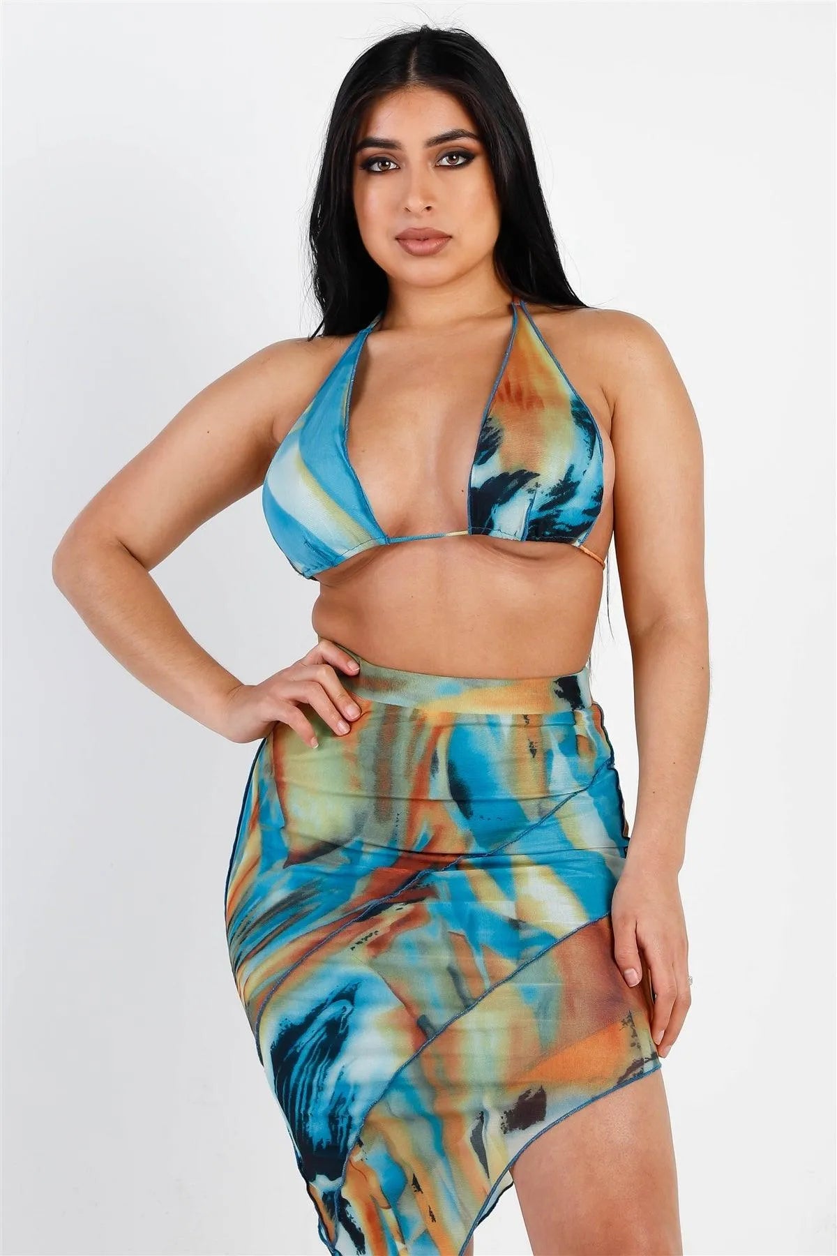 Teal Multi Color Print Mesh Triangle Top & Reverse Stitch Asymmetric Midi Skirt Set /3-2-1 - Tasha Apparel Wholesale