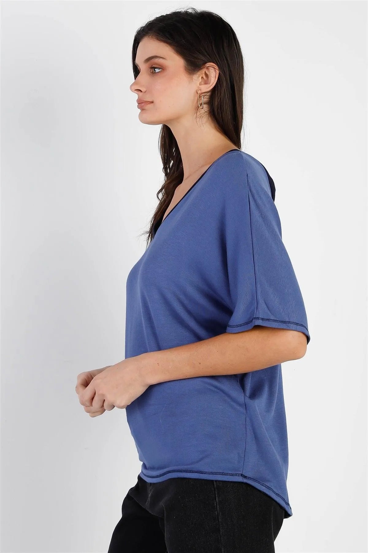 Denim Blue Contrast V-Neck Short Sleeve Top /2-2-2 - Tasha Apparel Wholesale
