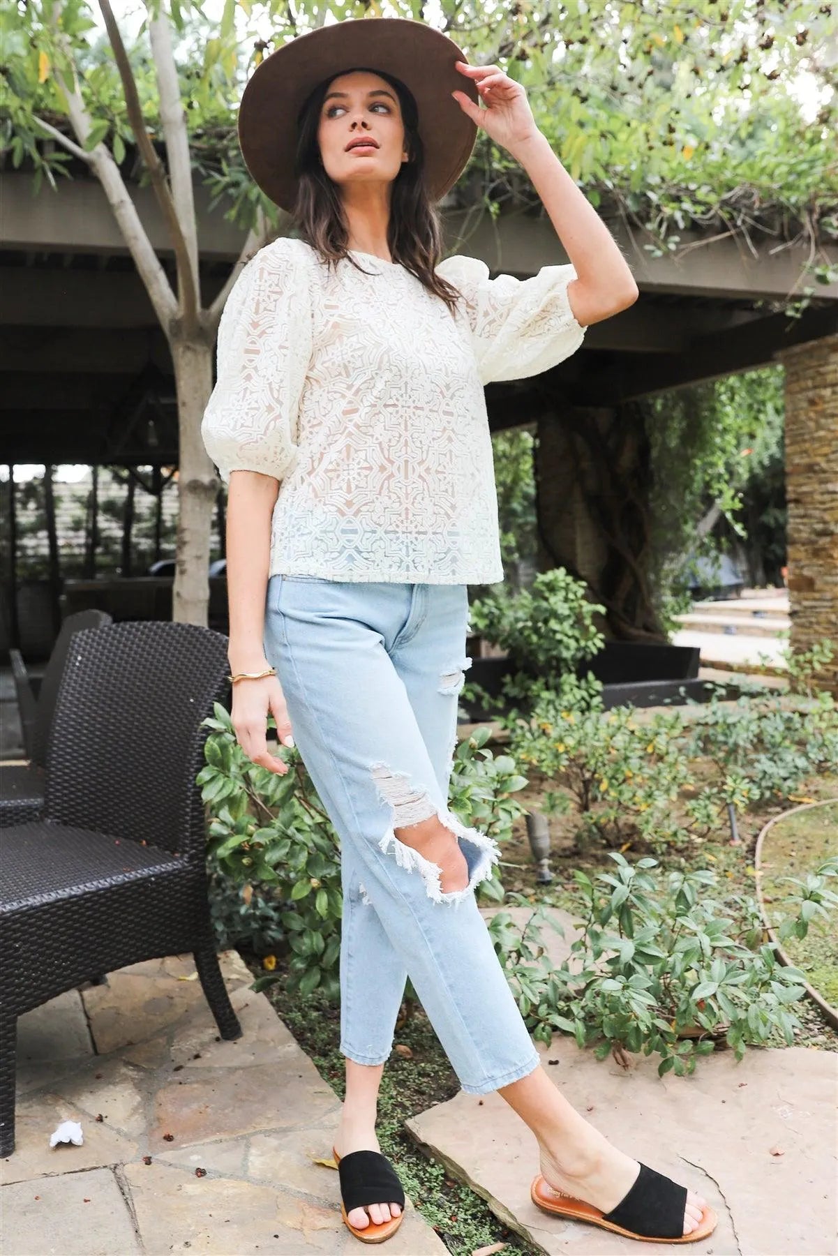 Cream Textured Mesh Ornament Print Short Balloon Sleeve Top /3-2-1 - Tasha Apparel Wholesale