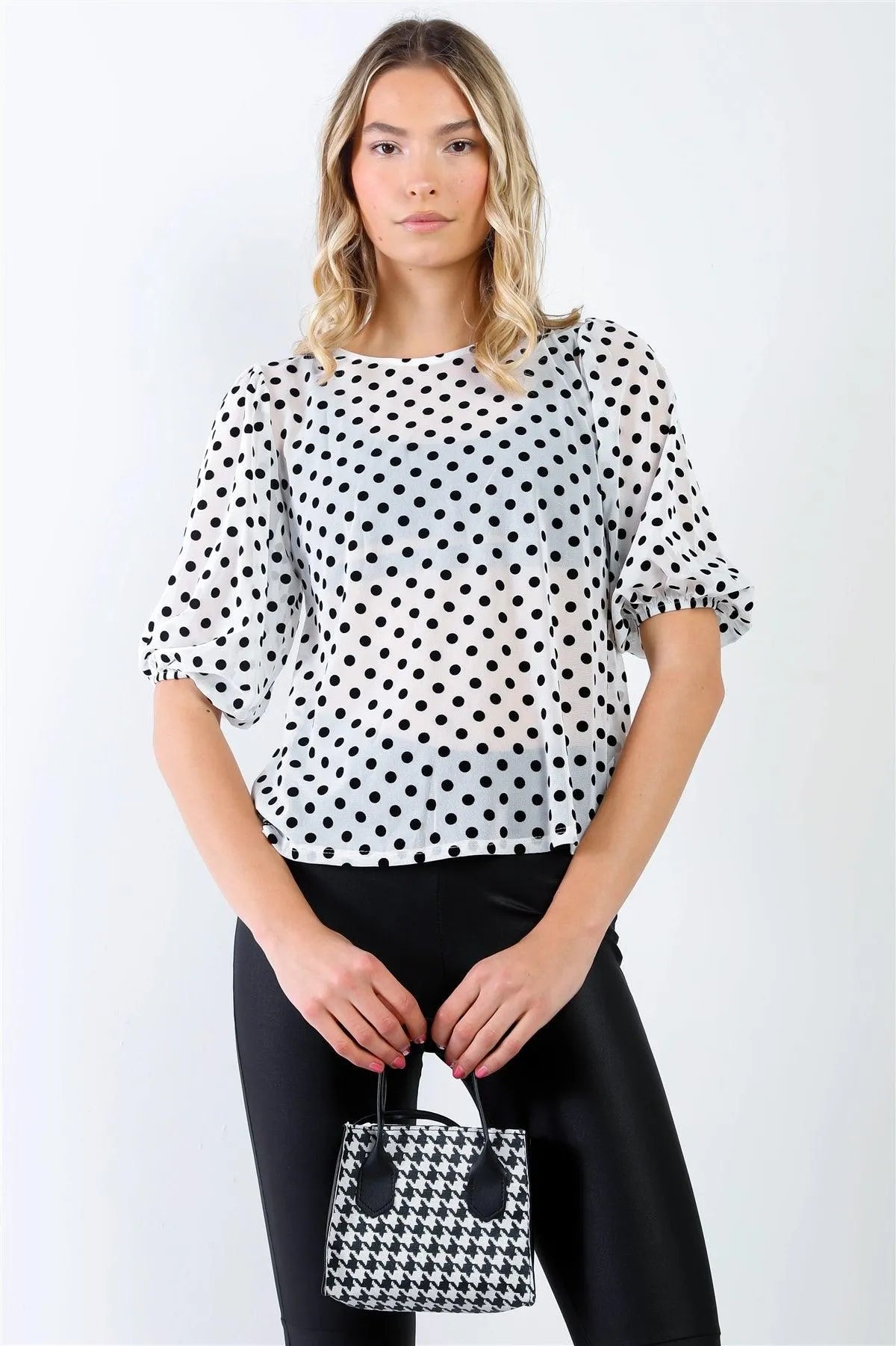 Off-White & Black Mesh Polka Dot Puff Balloon Short Sleeve Top /3-2-1 - Tasha Apparel Wholesale