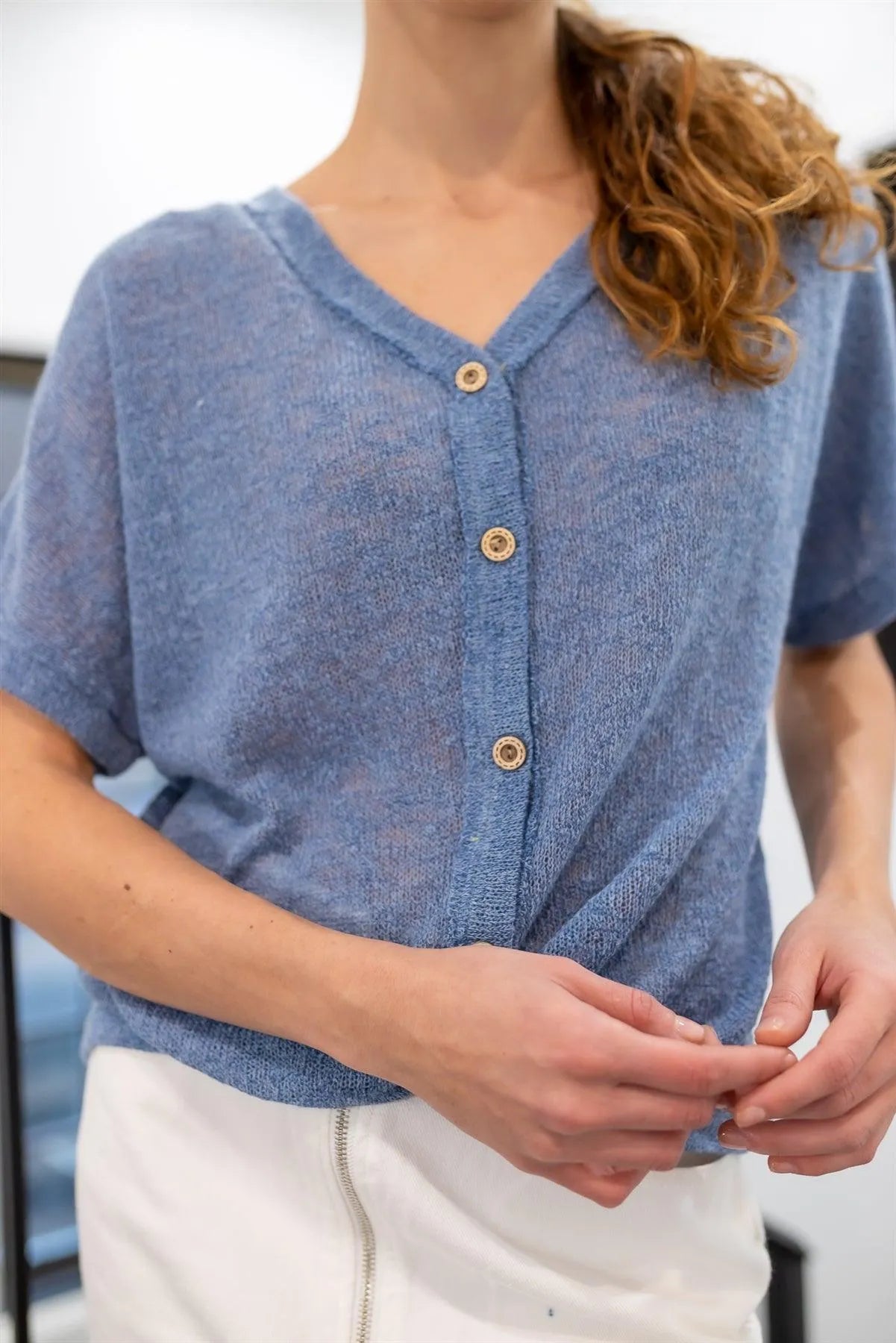 Blue Knit Button Up Semi-Sheer Twisted Front Detail Top /2-2-2 - Tasha Apparel Wholesale