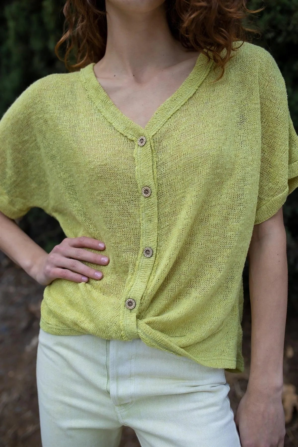 Lime Knit Button Up Semi-Sheer Twisted Front Detail Top /2-3-1 - Tasha Apparel Wholesale