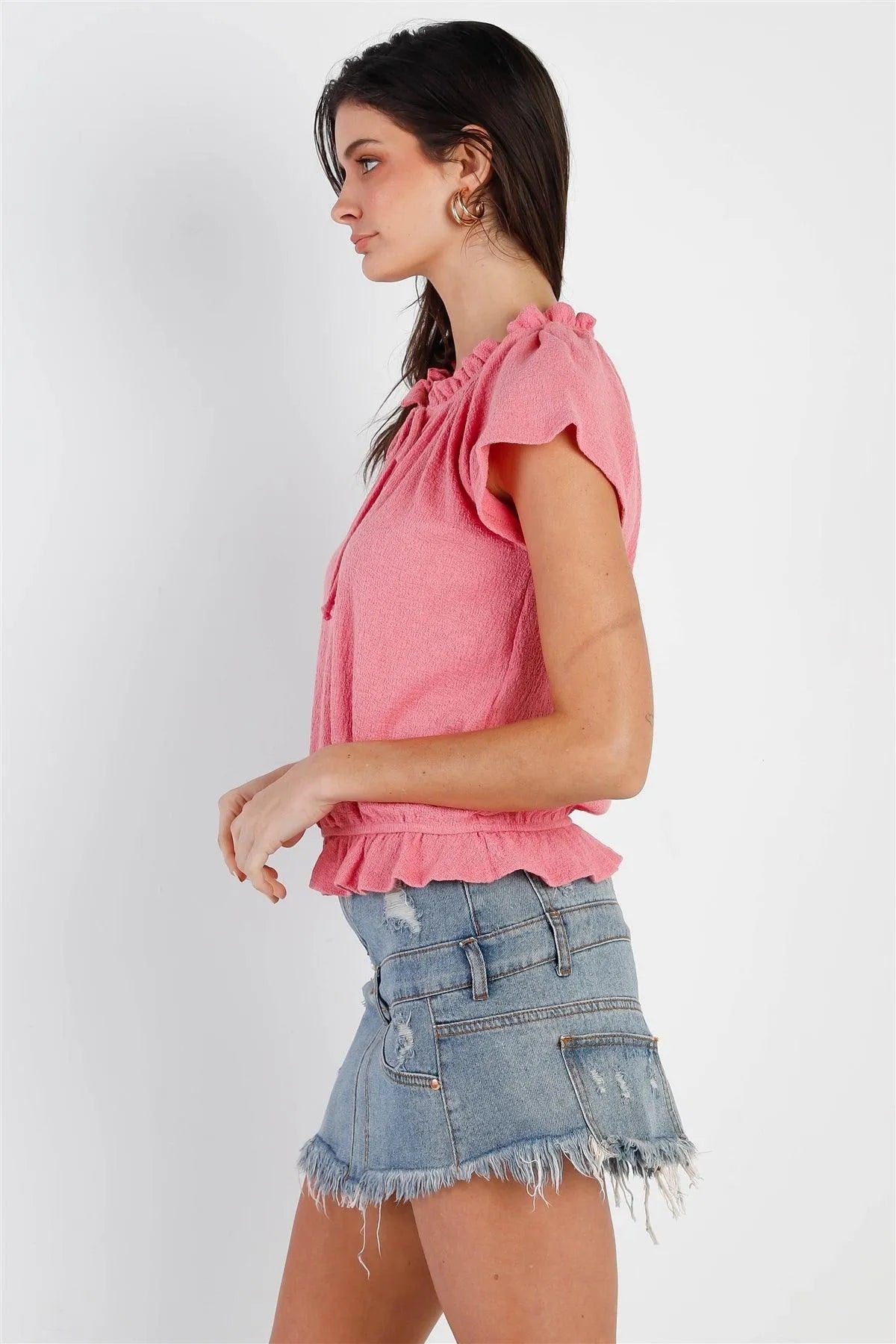 Coral Cotton Textured Self-Tie Collar Detail Ruffle Hem Top /1-2-2 - Tasha Apparel Wholesale