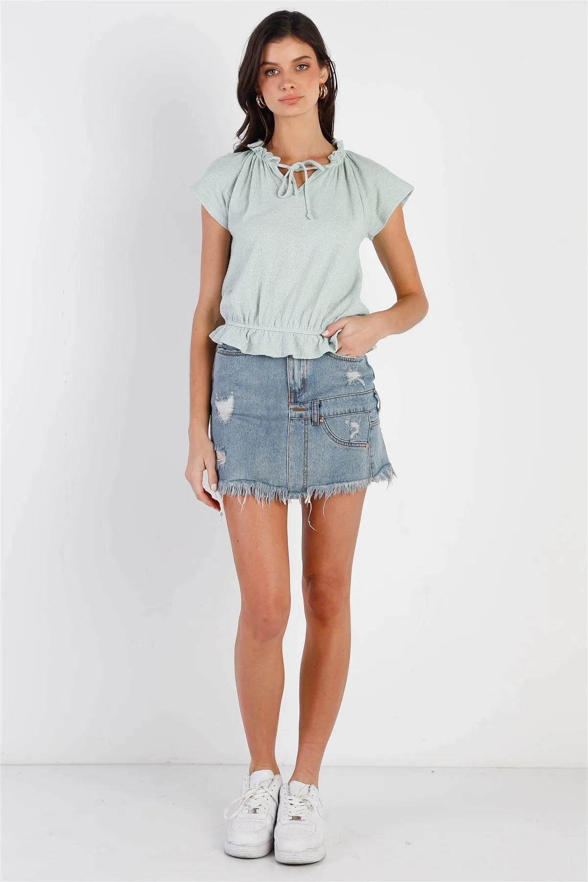 Mint Cotton Textured Self-Tie Collar Detail Ruffle Hem Top /2-2-2 - Tasha Apparel Wholesale