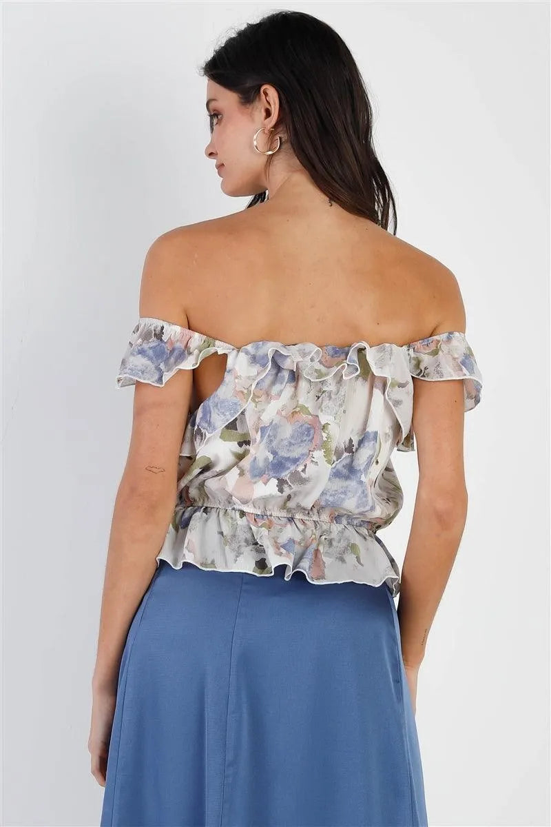 Ivory & Blue Watercolor Paint Print Ruffle Trim Waist Self-Tie Detail Top /1-2-2 - Tasha Apparel Wholesale