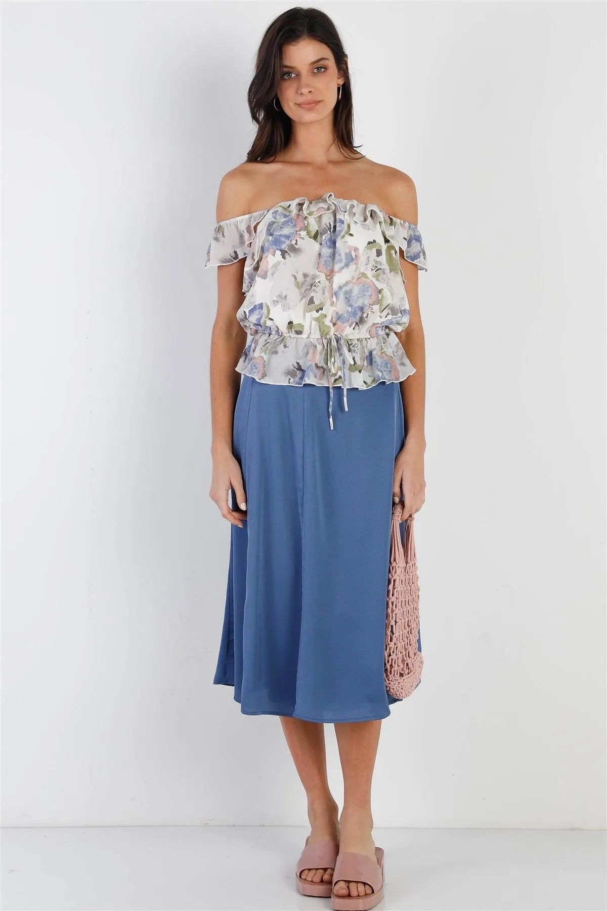 Ivory & Blue Watercolor Paint Print Ruffle Trim Waist Self-Tie Detail Top /2-2-2 - Tasha Apparel Wholesale