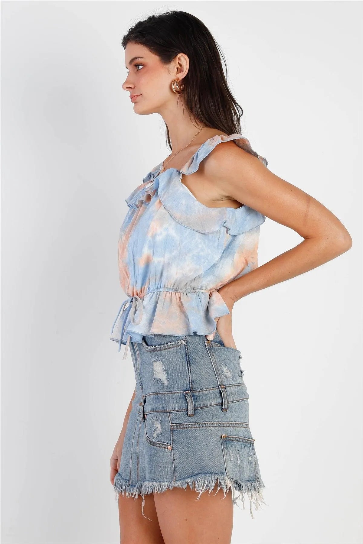 Peach Blue Tie-Dye Ruffle Trim Waist Self-Tie Detail Top /1-2-2 - Tasha Apparel Wholesale