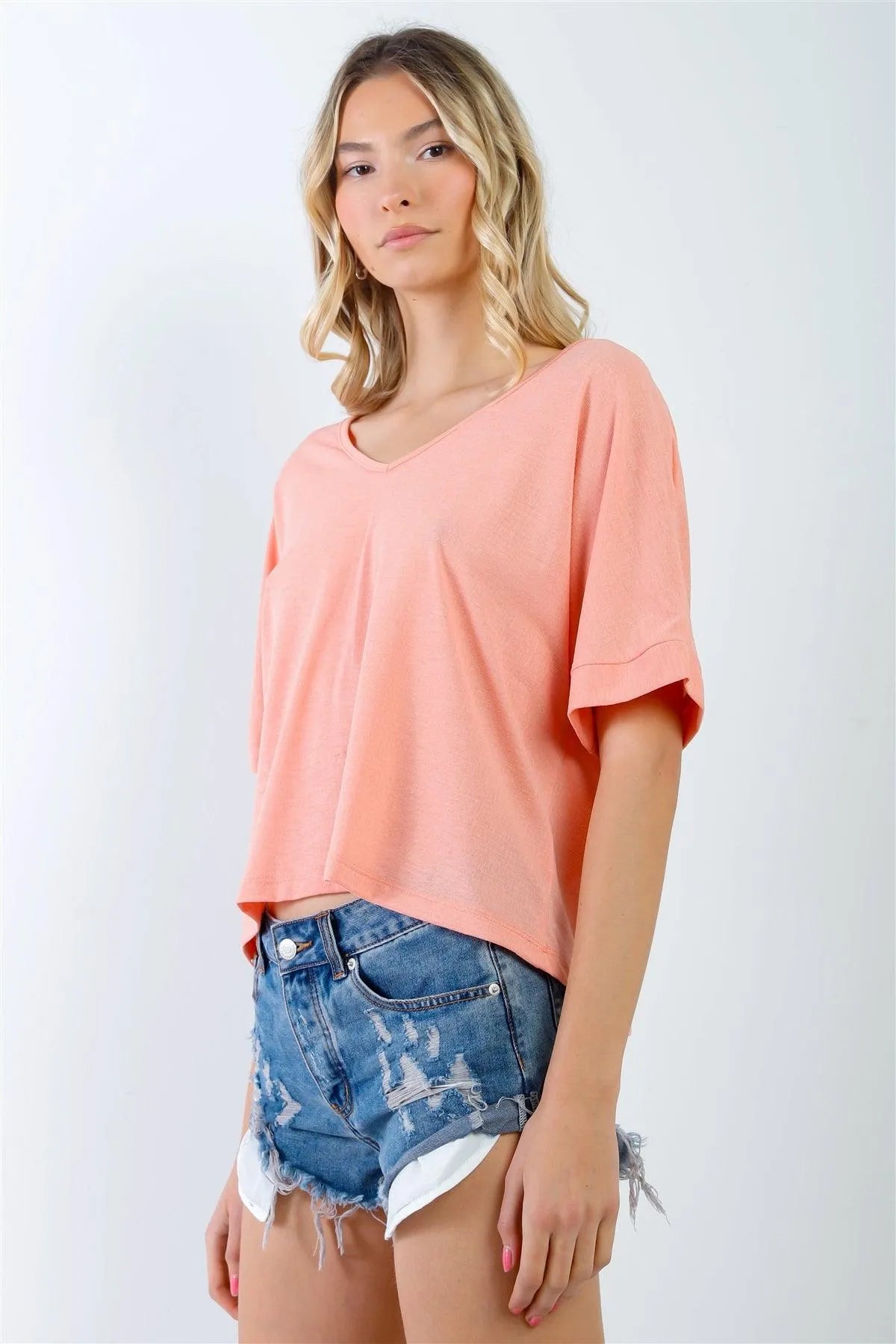 Coral Textured V-Neck Relaxed Short Sleeve Top /3-2-1 - Tasha Apparel Wholesale