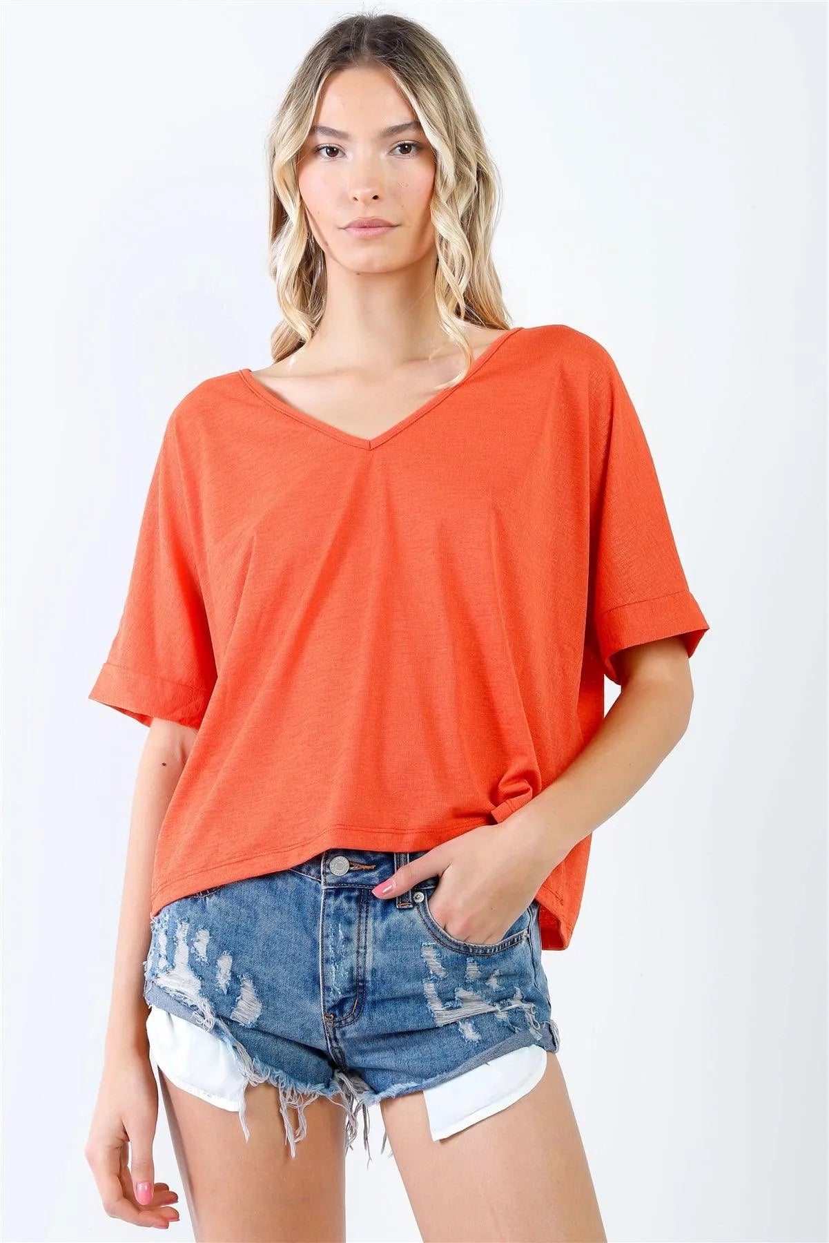 Orange Textured V-Neck Relaxed Short Sleeve Top /2-2-1 - Tasha Apparel Wholesale