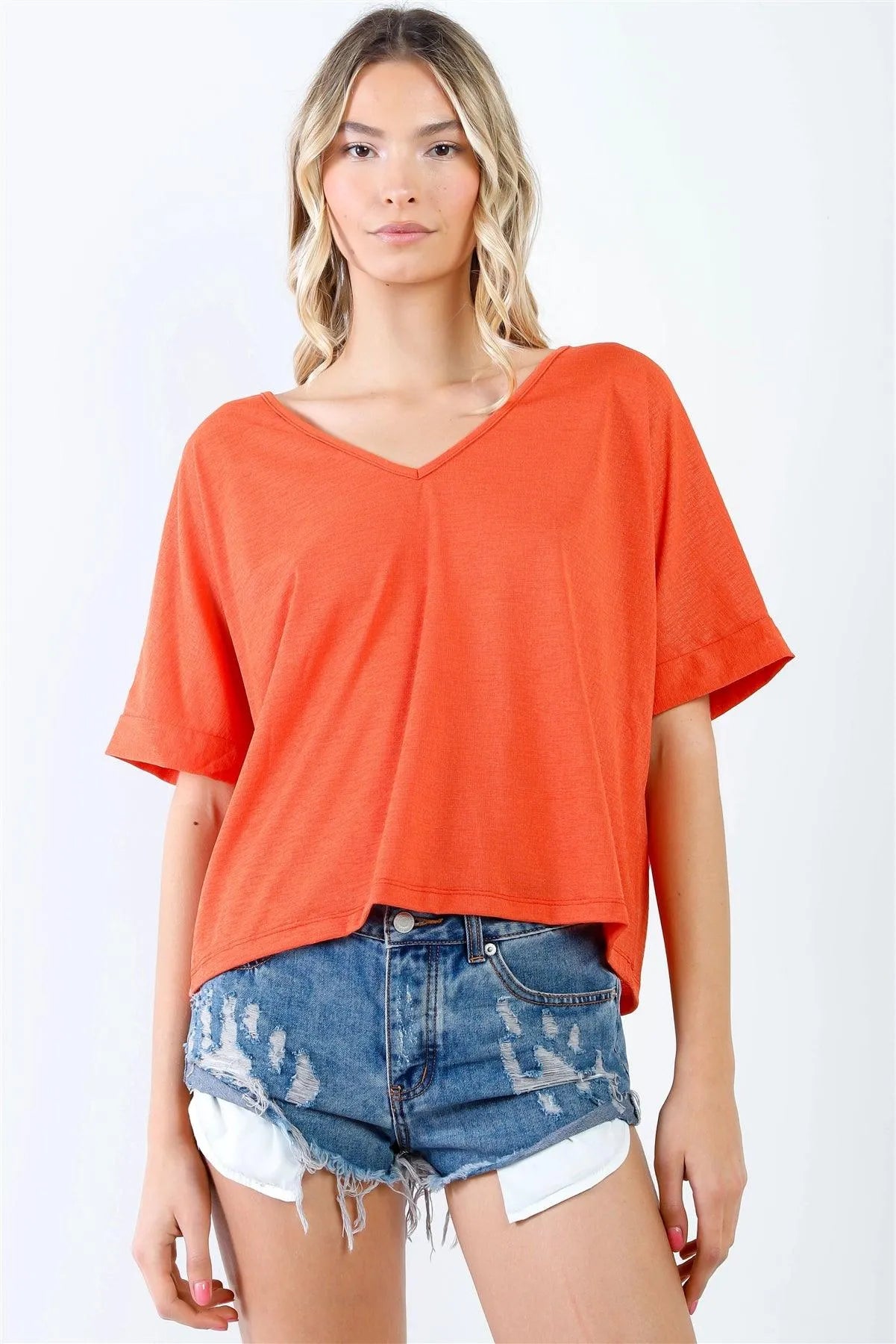 Orange Textured V-Neck Relaxed Short Sleeve Top /3-2-1 - Tasha Apparel Wholesale
