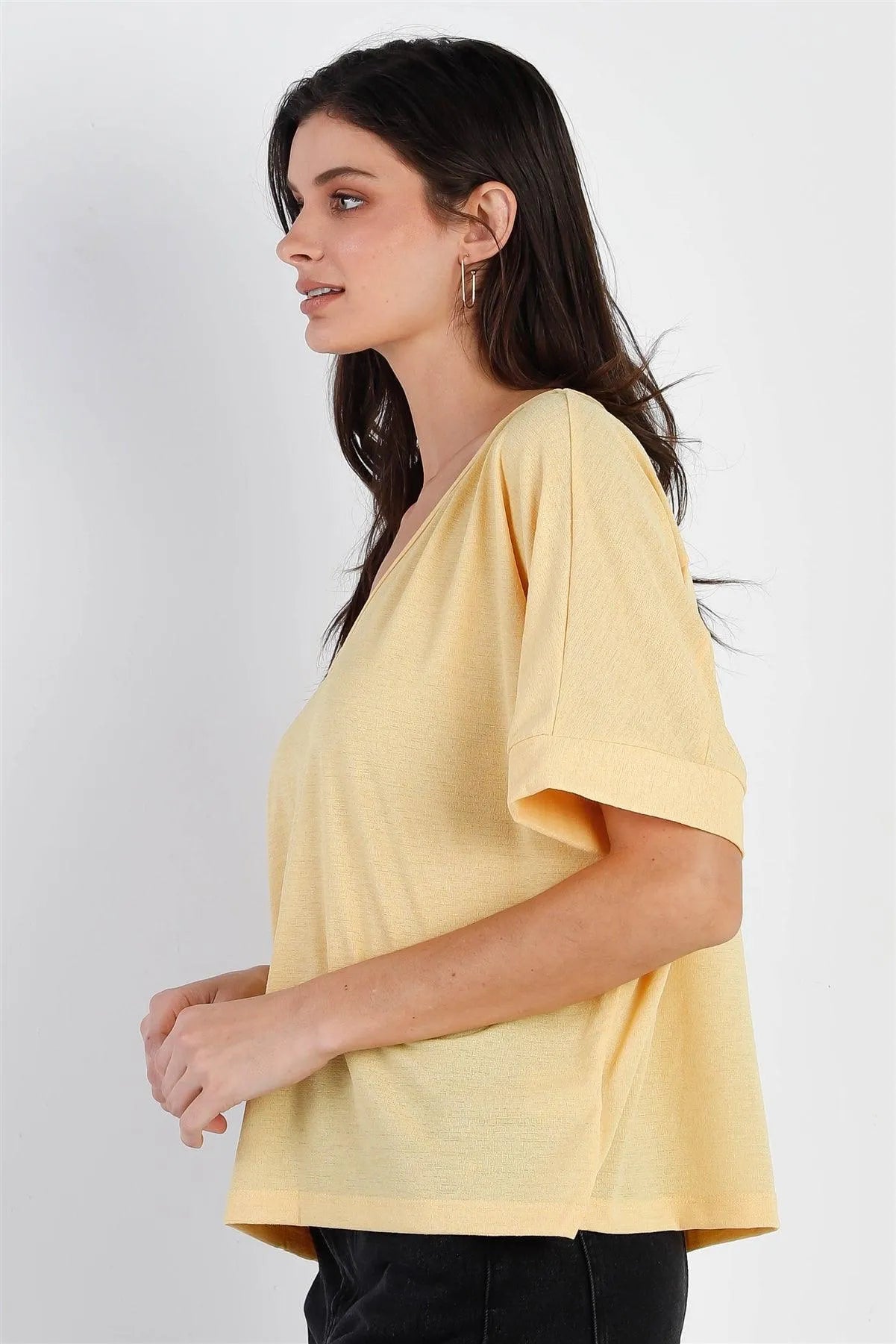 Yellow Textured V-Neck Relaxed Short Sleeve Top /1-2-1 - Tasha Apparel Wholesale