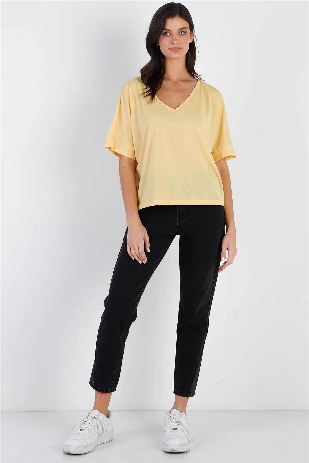 Yellow Textured V-Neck Relaxed Short Sleeve Top /3-2-1 - Tasha Apparel Wholesale