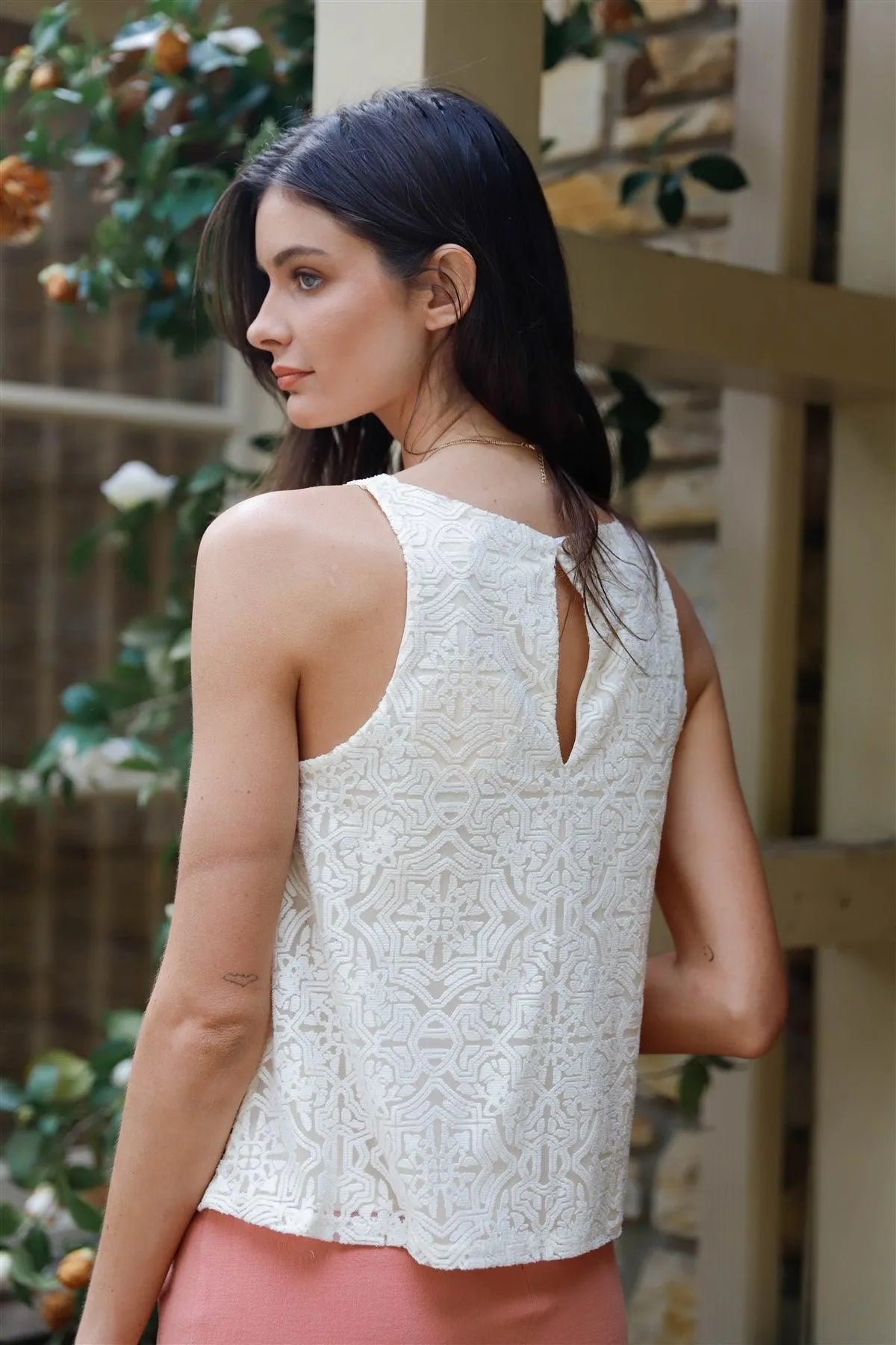 Cream Ornament Mesh Sleeveless Top /3-2-1 - Tasha Apparel Wholesale