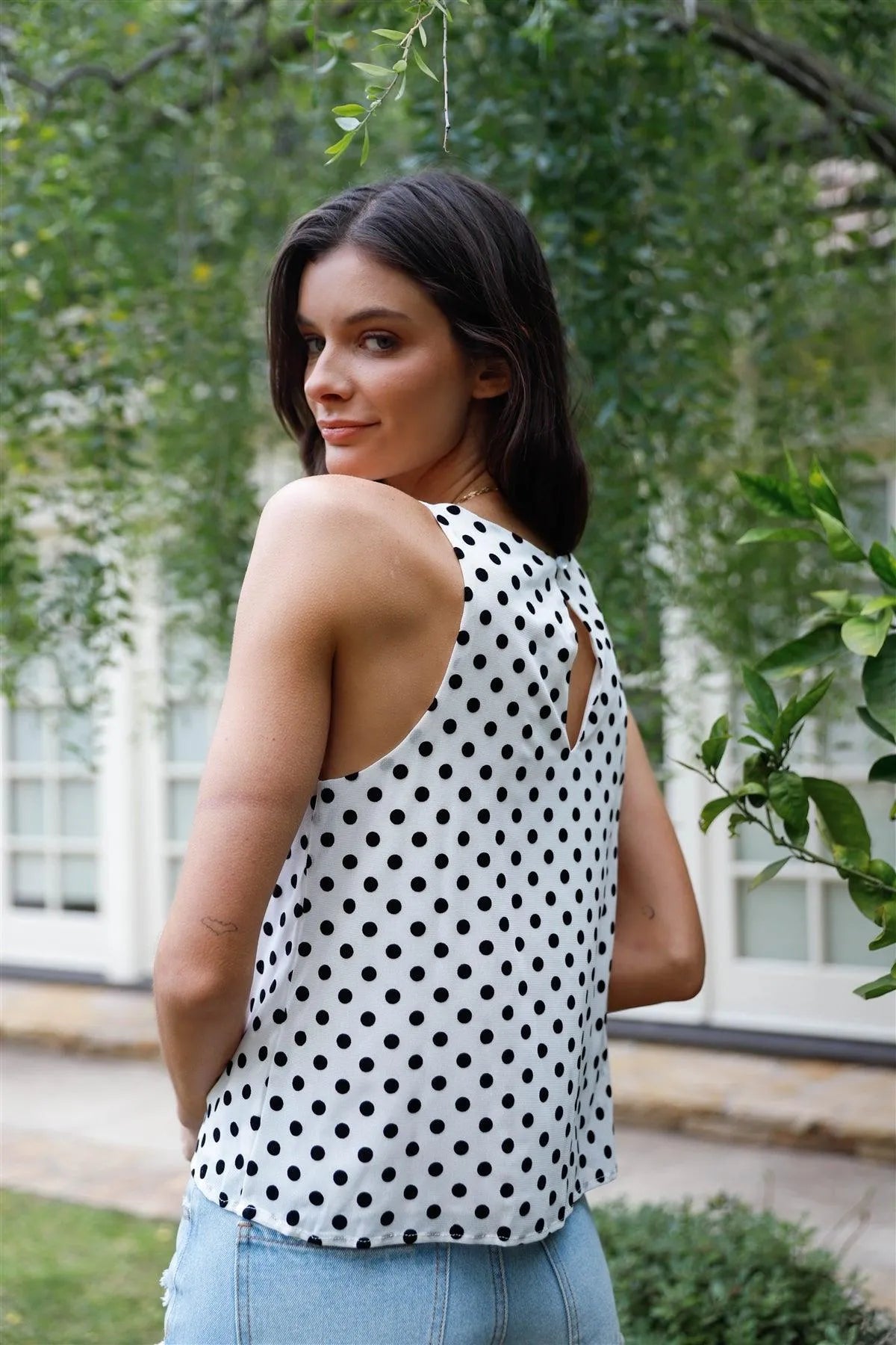 Off-White & Black Polka Dot Mesh Sleeveless Top /2-2-2 - Tasha Apparel Wholesale