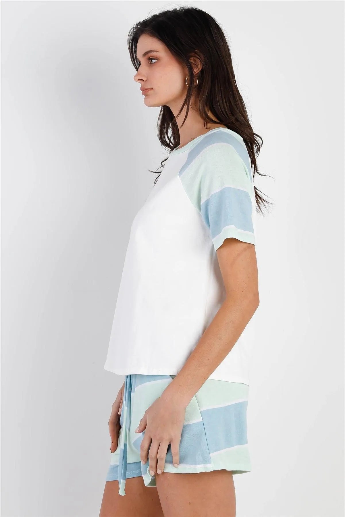 White & Mint Blue Stripe T-Shirt Top & Short Set /2-1-2 - Tasha Apparel Wholesale
