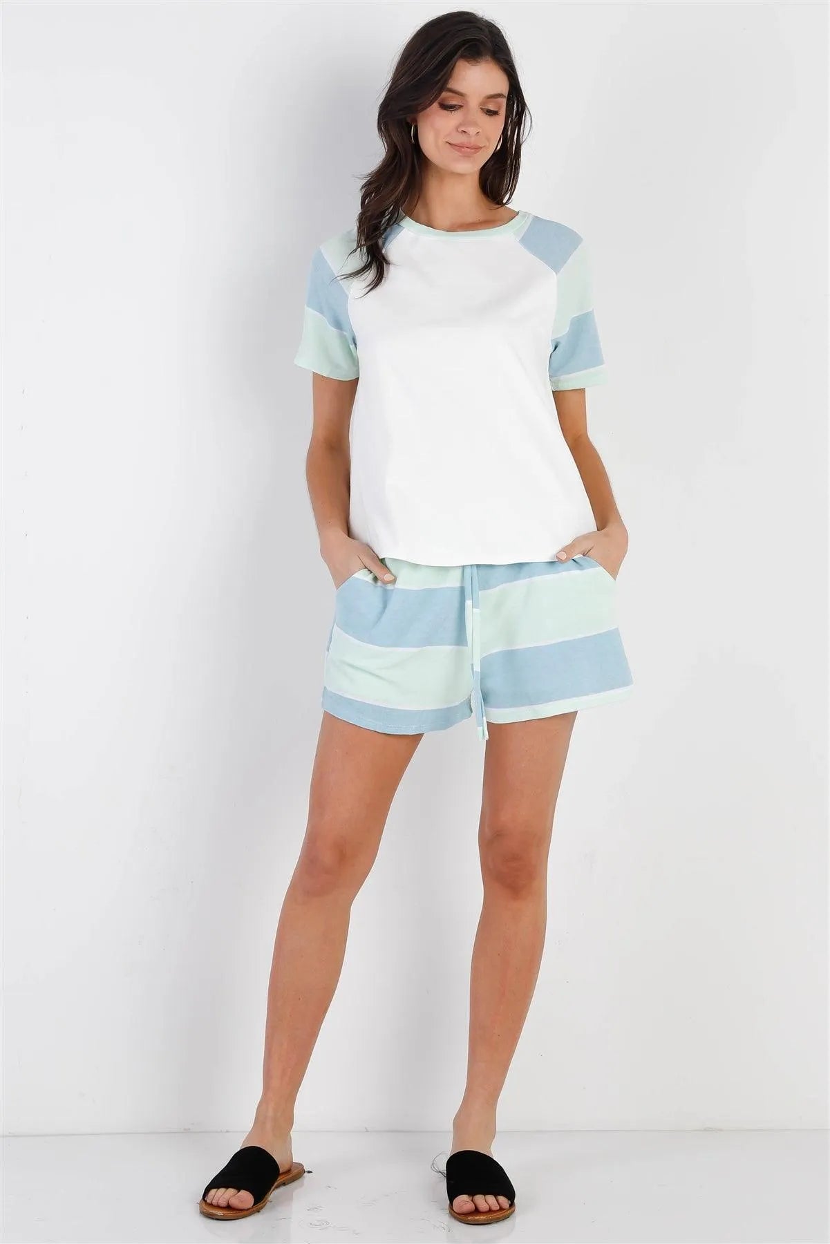 White & Mint Blue Stripe T-Shirt Top & Short Set /1-2-2 - Tasha Apparel Wholesale