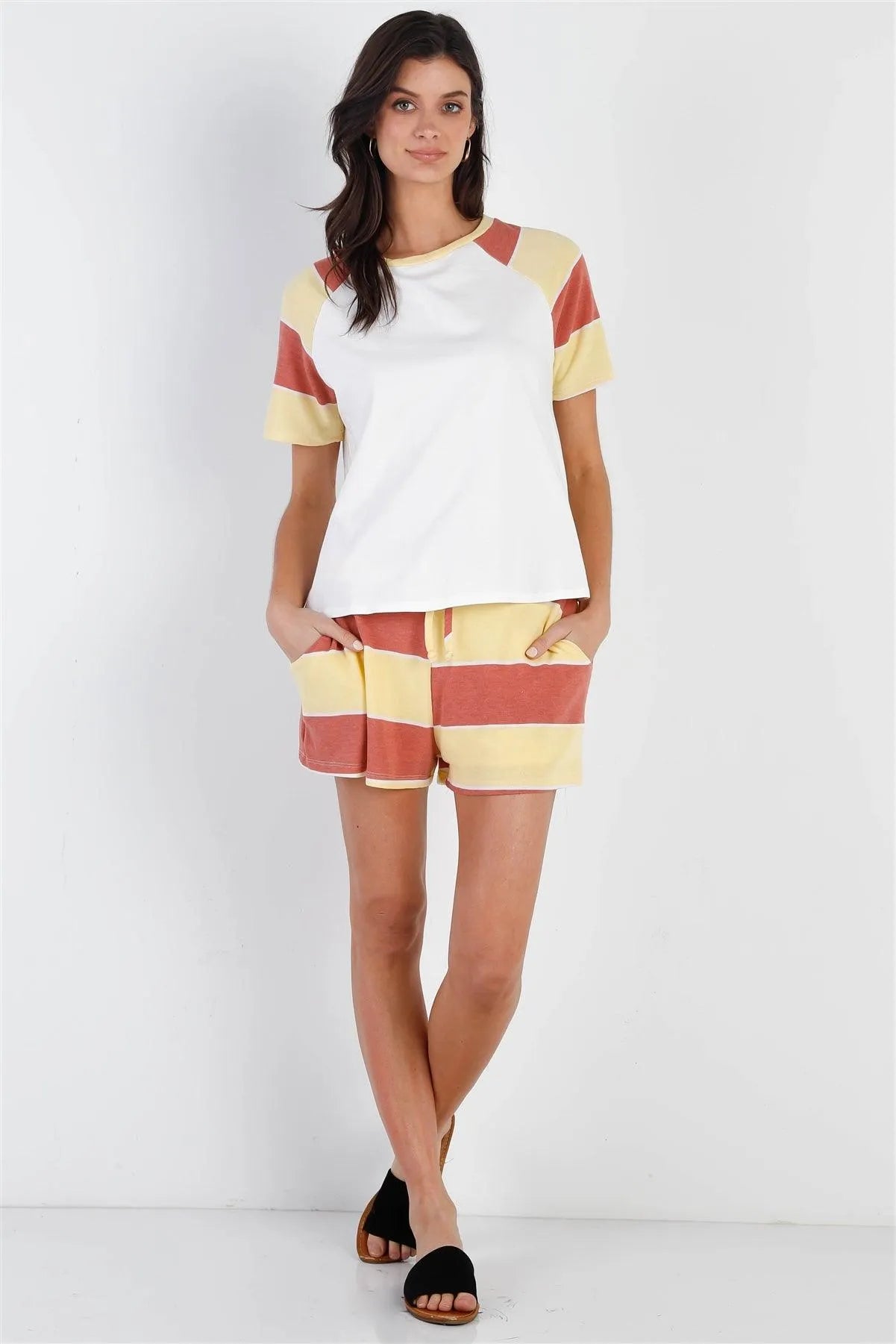 White & Rust & Yellow Stripe T-Shirt Top & Short Set /2-2-2 - Tasha Apparel Wholesale