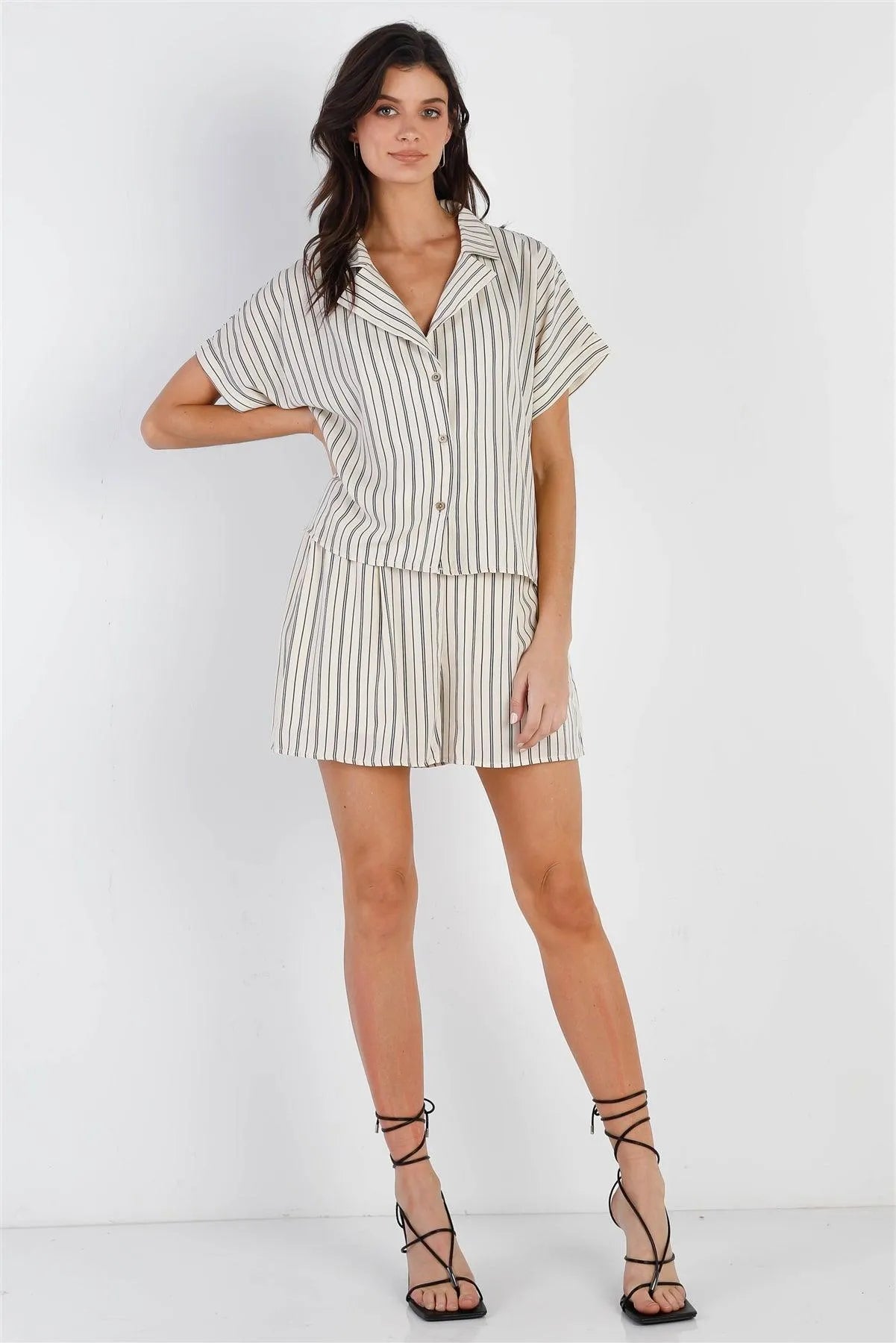 Cream & Navy Stripe Shirt & Short Set /2-2-2 - Tasha Apparel Wholesale