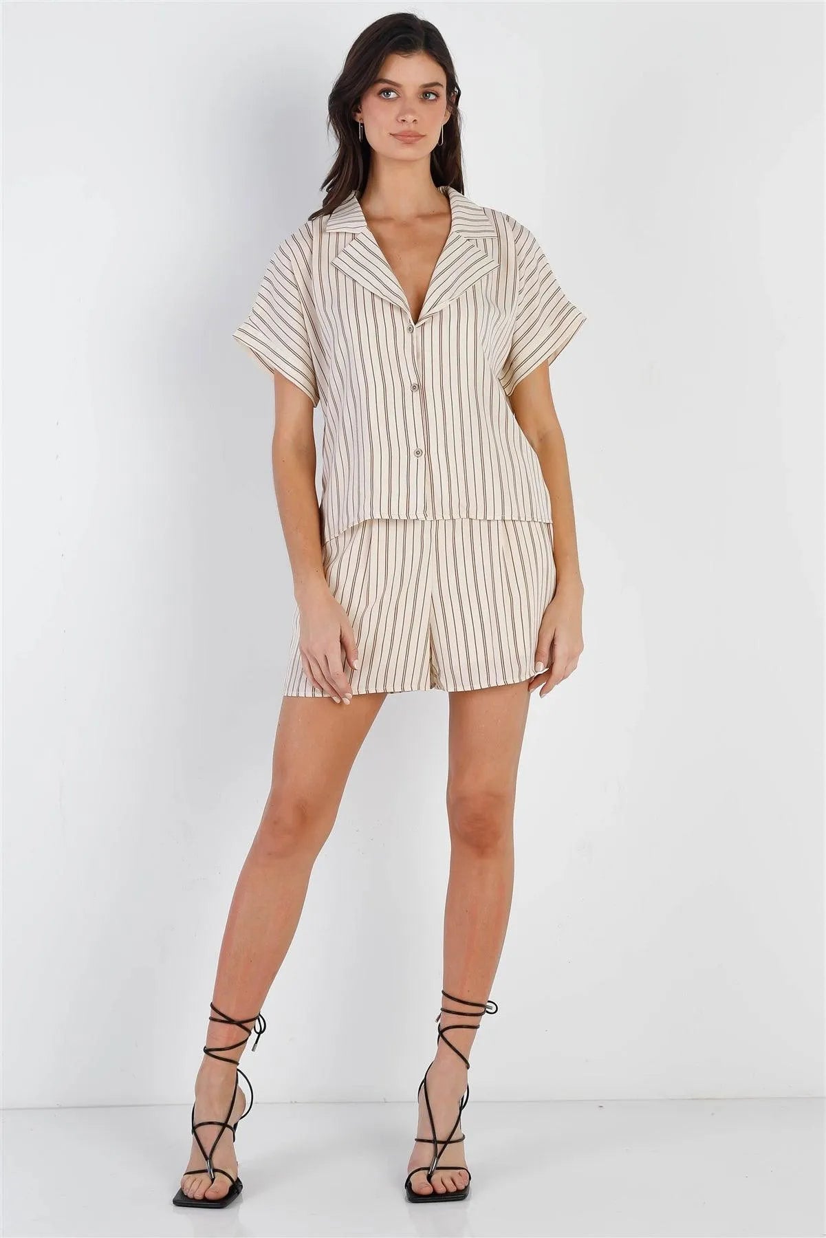 Cream & Taupe Stripe Shirt & Short Set /2-2-2 - Tasha Apparel Wholesale