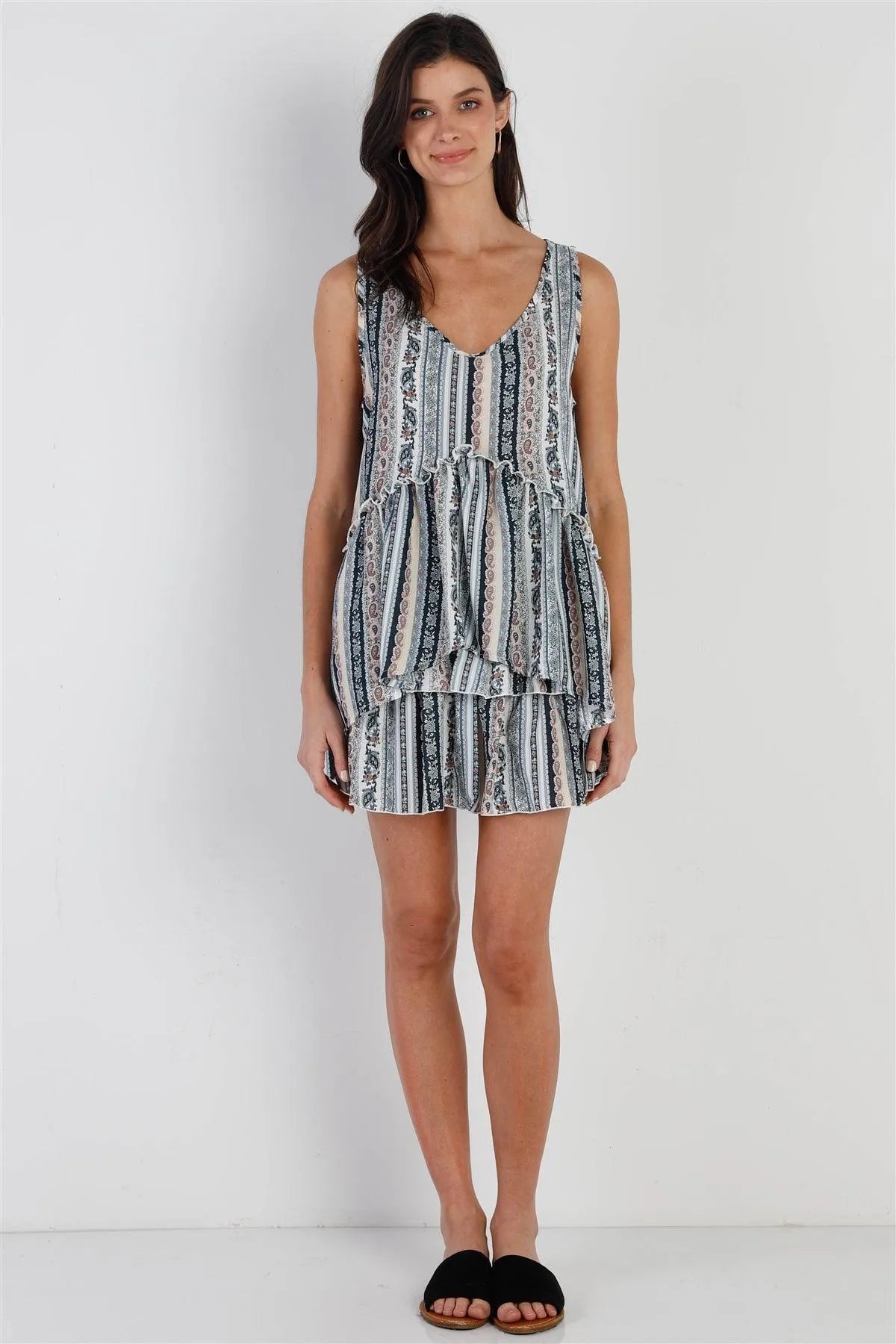 Teal Taupe Paisley Print Flare Hem Sleeveless Top & Smocked Ruffled Mini Skirt Set /2-2 - Tasha Apparel Wholesale