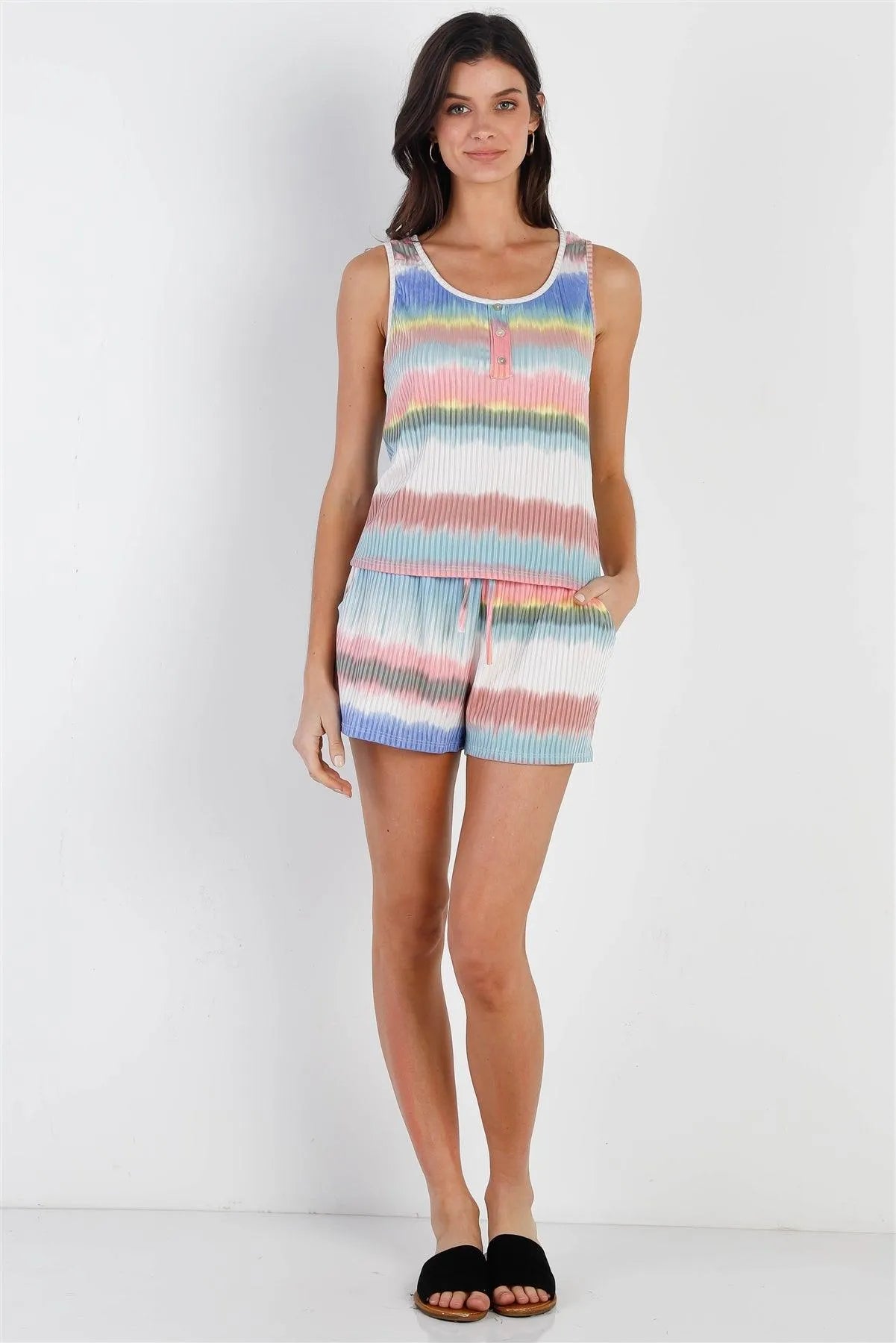 Multi Color Ribbed Stripe Tie-Dye Button Up Detail Top & Short Set /2-2-2 - Tasha Apparel Wholesale