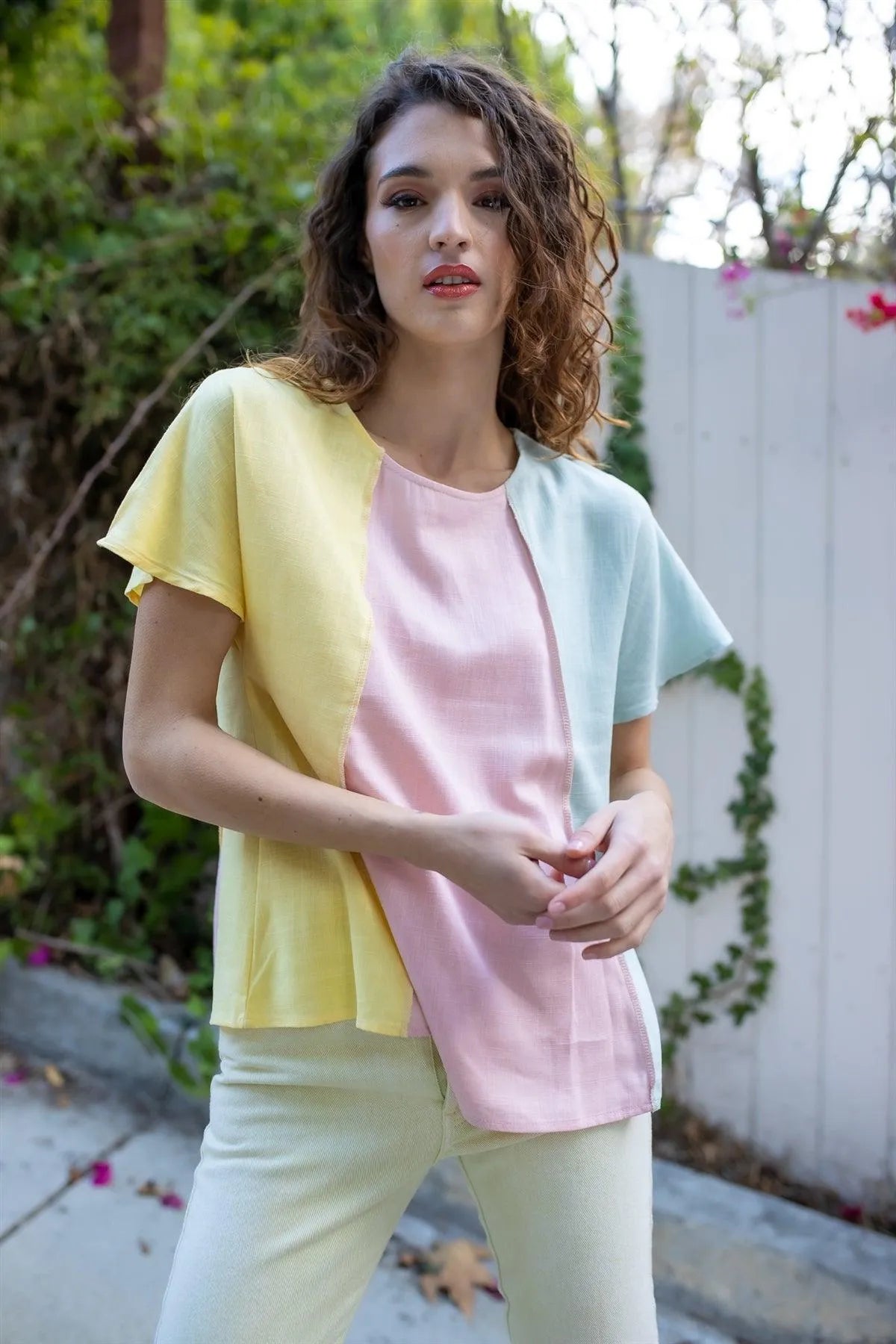 Yellow Pink & Mint Linen Blend Colorblock Short Sleeve Top - Tasha Apparel Wholesale