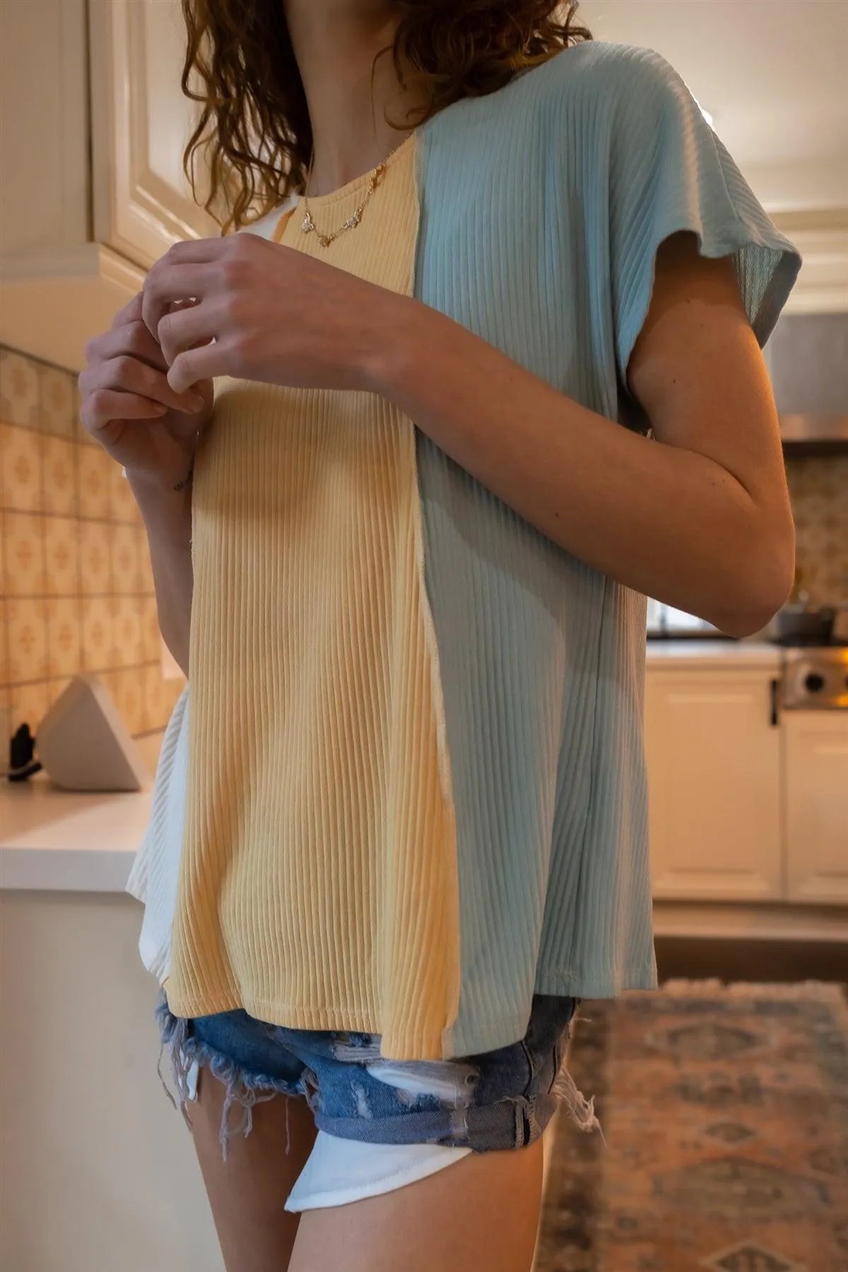 Cream Mustard & Blue Ribbed Colorblock Short Sleeve Top /2-2-2 - Tasha Apparel Wholesale