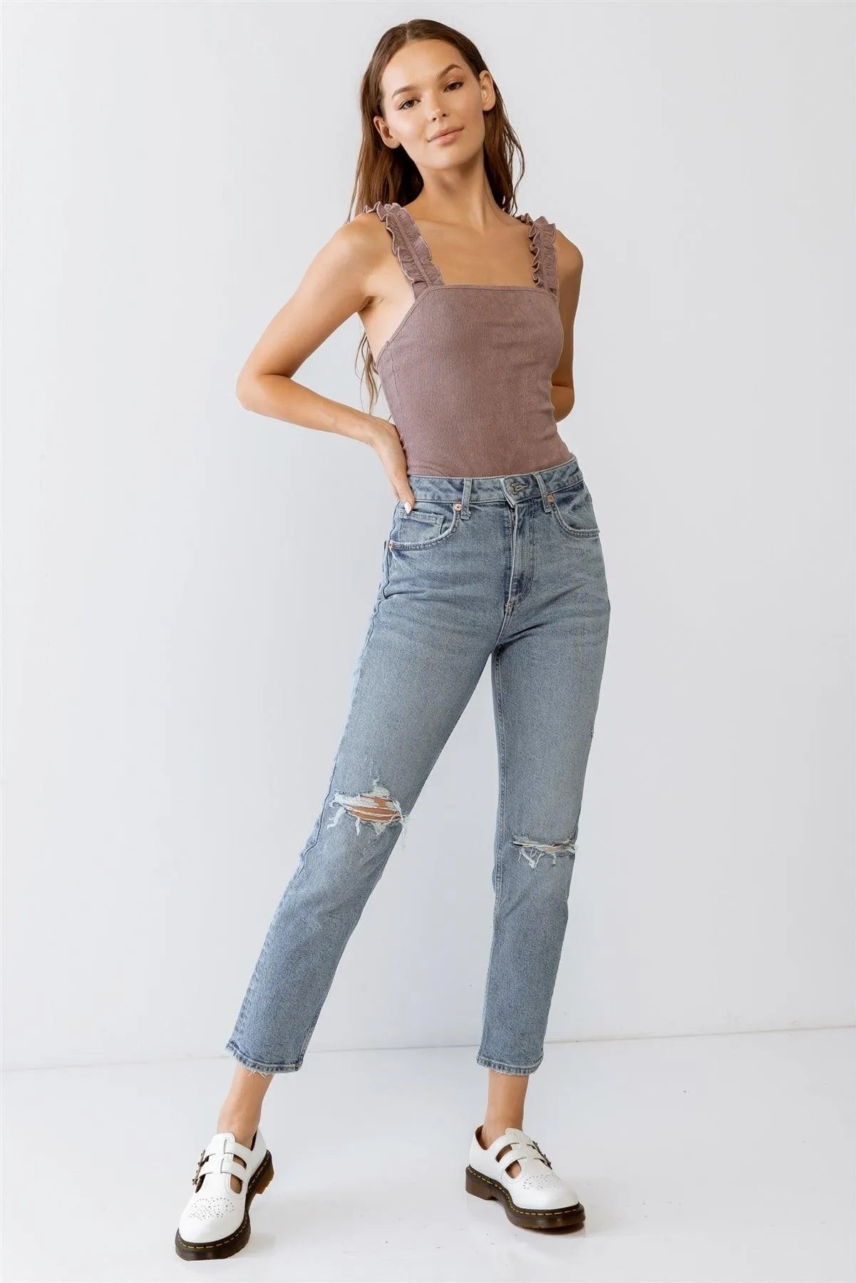 Dusty Purple Ribbed Ruffle Sleeveless Bodysuit /3-2-1 - Tasha Apparel Wholesale