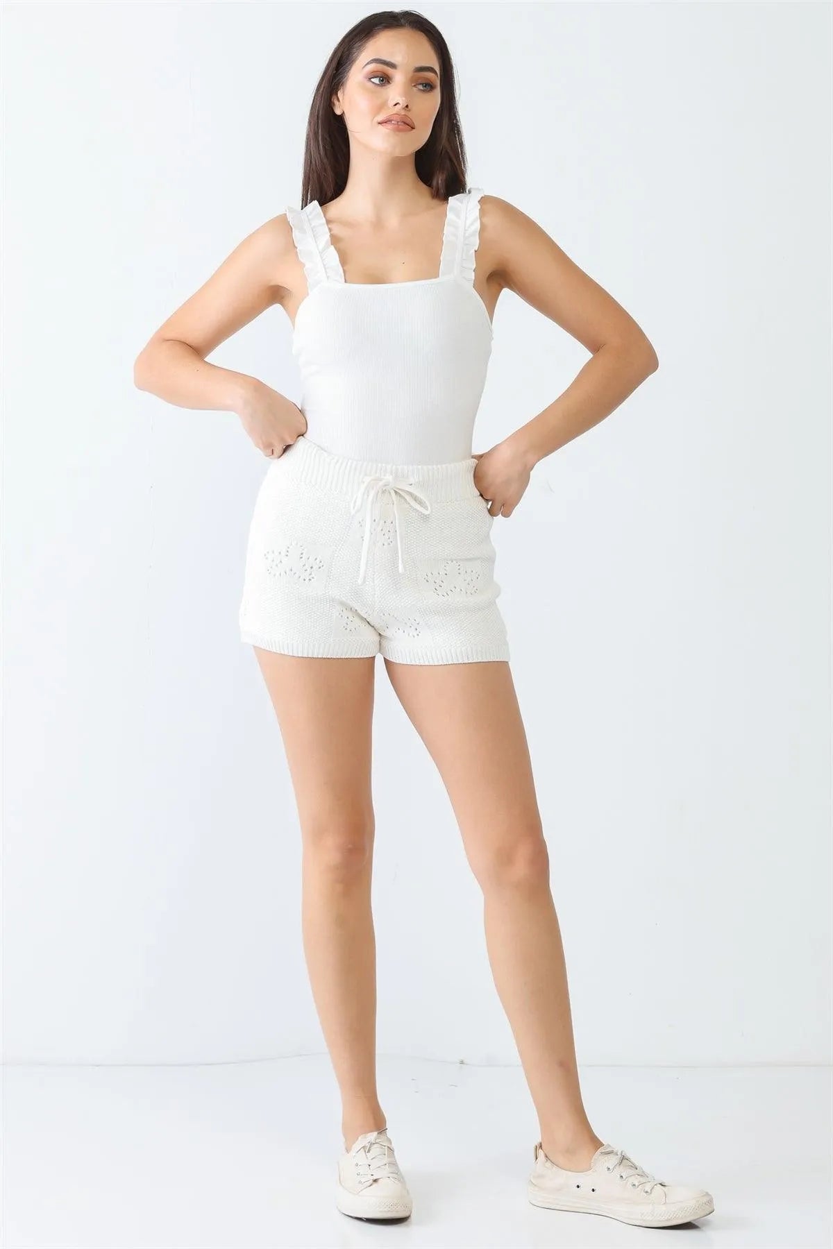 White Ribbed Ruffle Sleeveless Bodysuit /4-1-1 - Tasha Apparel Wholesale