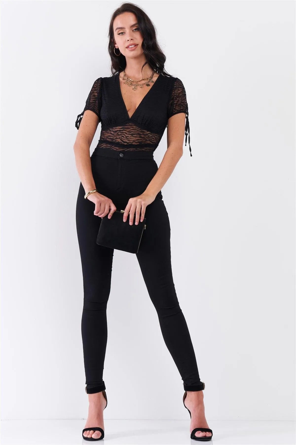 Black Sheer Mesh Deep Plunge V-Neck Short Sleeve Bodysuit /3-2-1 - Tasha Apparel Wholesale