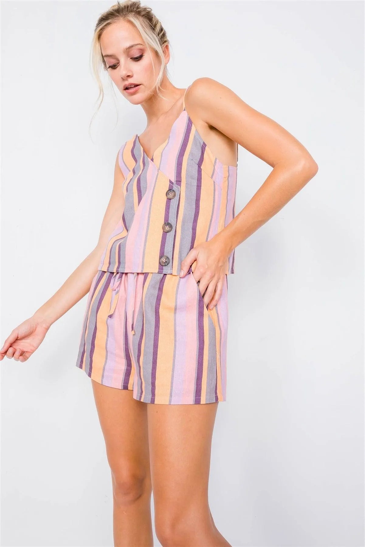 Blush Yellow Multi Boho Stripe Asymmetrical Strap Top & Flounce Trim High Waist Short Set /3-2-1 - Tasha Apparel Wholesale