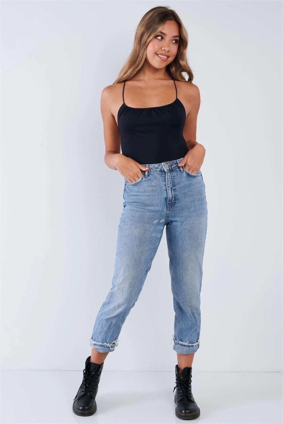 Black Open Back Criss Cross Stretchy Spandex Bodysuit /3-2-1 - Tasha Apparel Wholesale