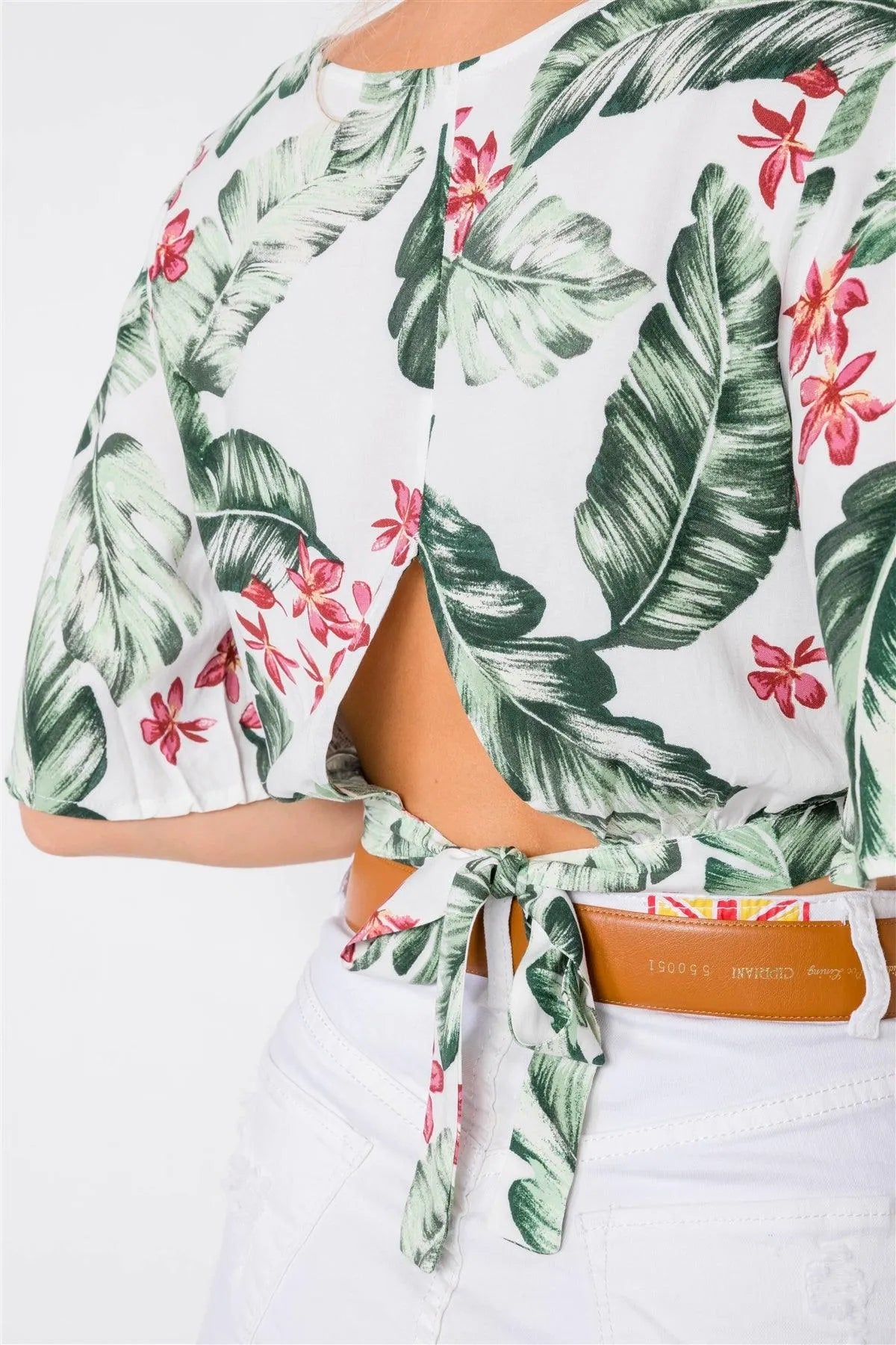 Ivory Green Tropical Back Keyhole Wrap Crop Top /3-2-1 - Tasha Apparel Wholesale