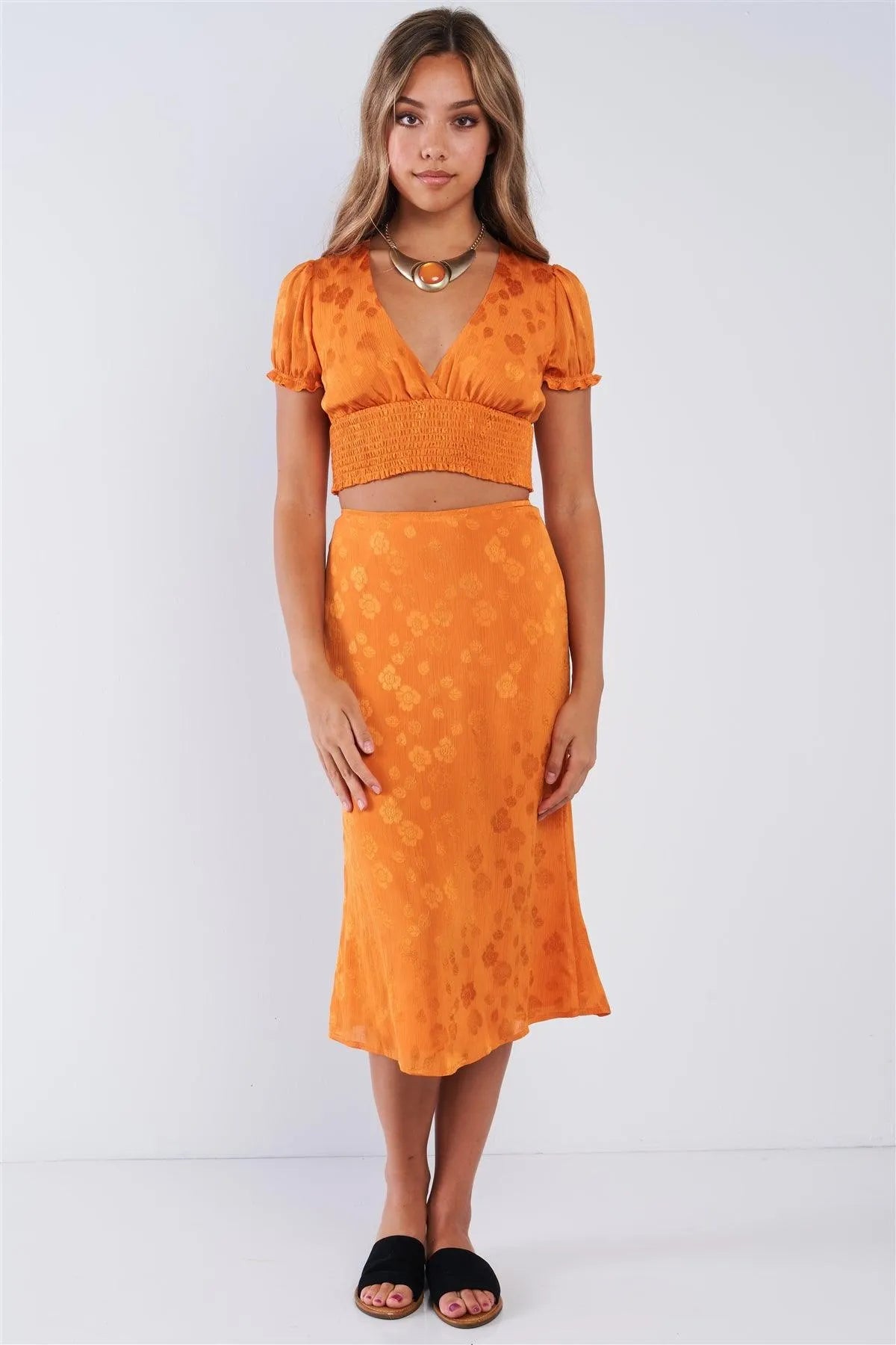 Burnt Orange Plunge V-neck Puff Sleeve Elastic Waist Crop Top Midi Skirt Two Piece Set /3-2-1 - Tasha Apparel Wholesale