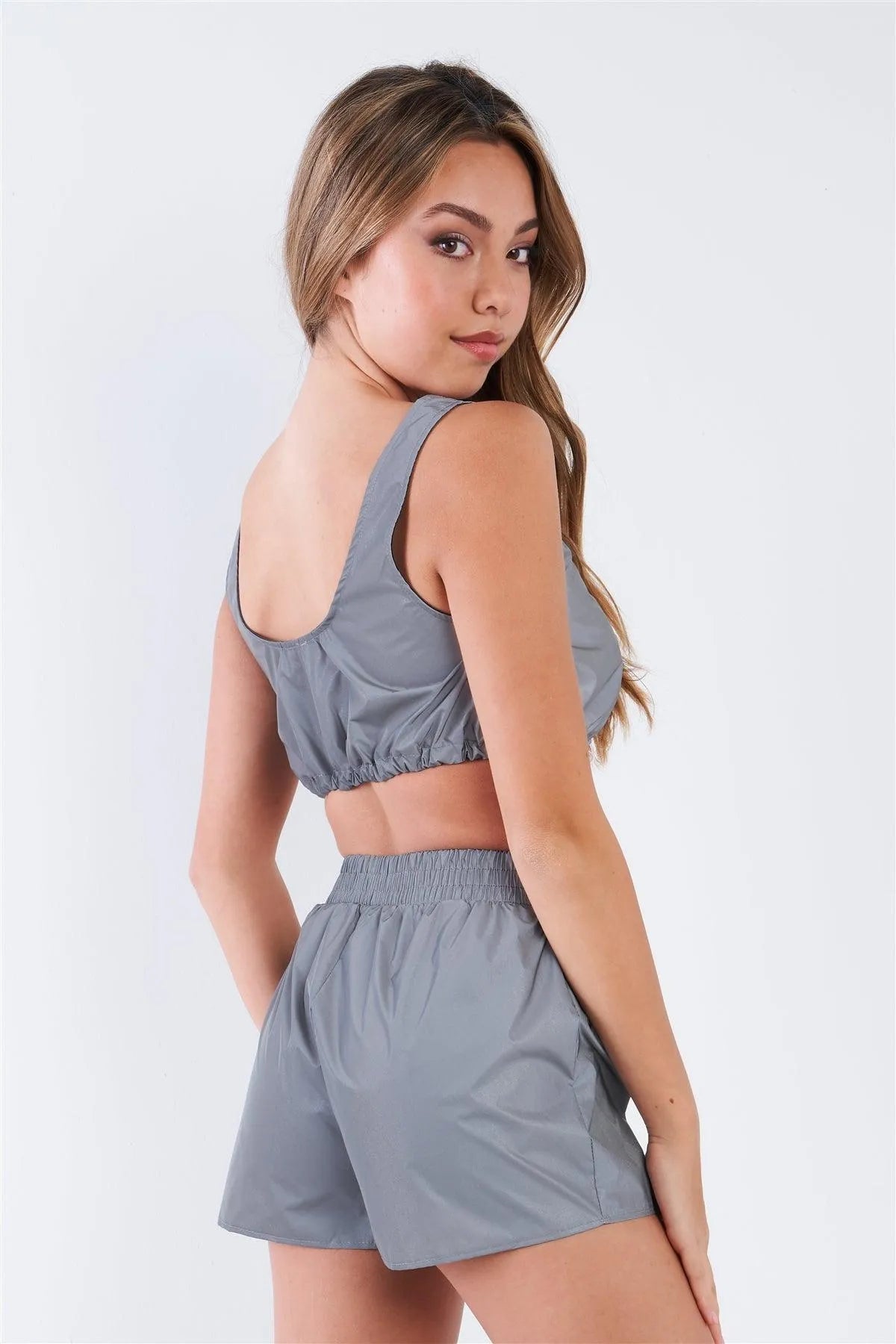 Grey Reflective Windbreaker Fabric Drawcord Bra Top And Shorts Set /3-2 - Tasha Apparel Wholesale